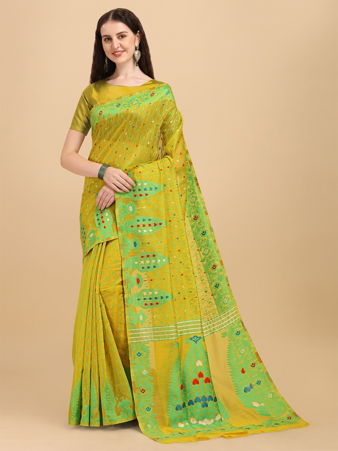 

Fashion Booms Yellow & Red Woven Design Pure Cotton Jamdani Saree