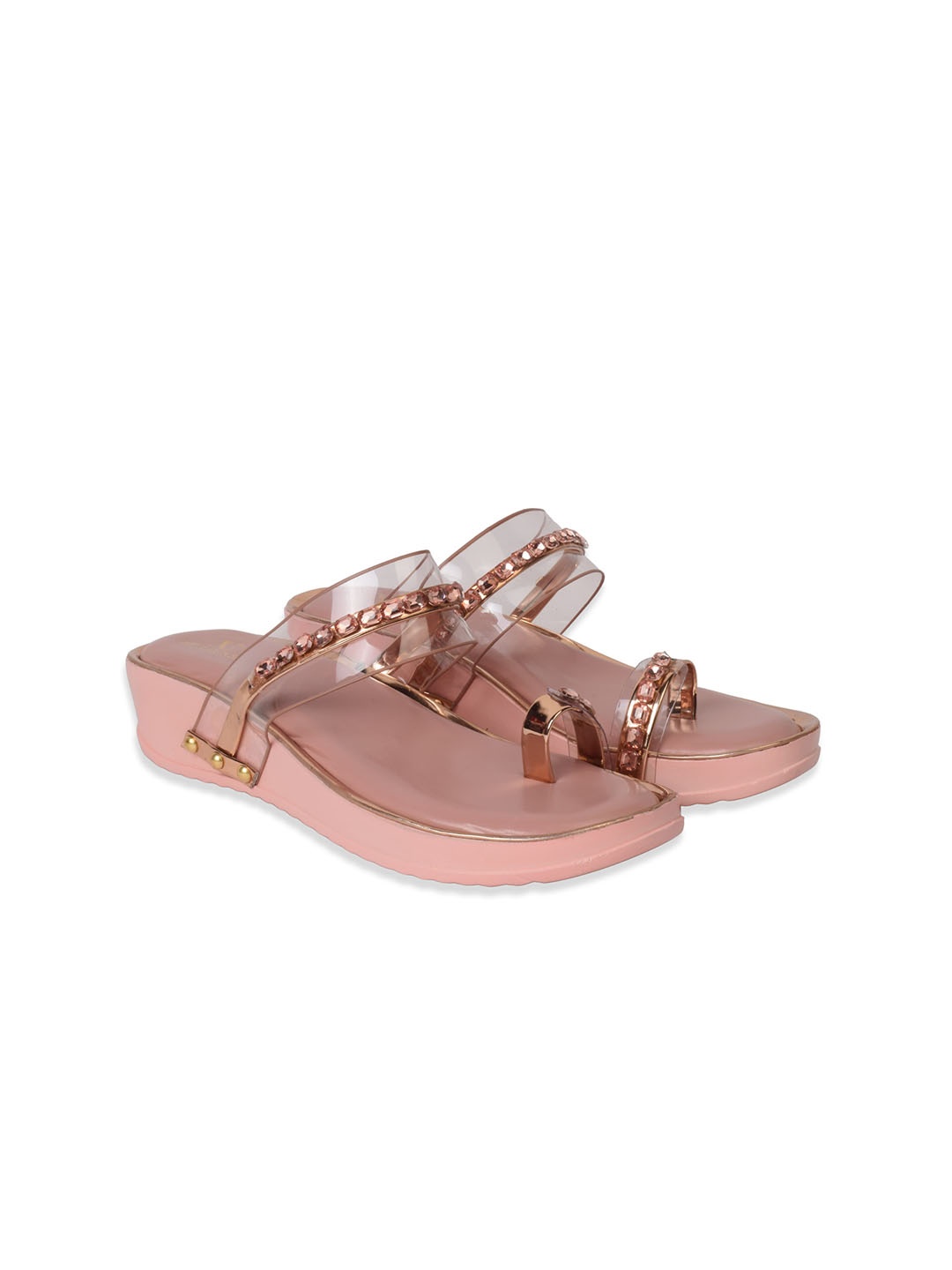 

XE Looks Peach & Transparent Embellished Party Platform Sandals