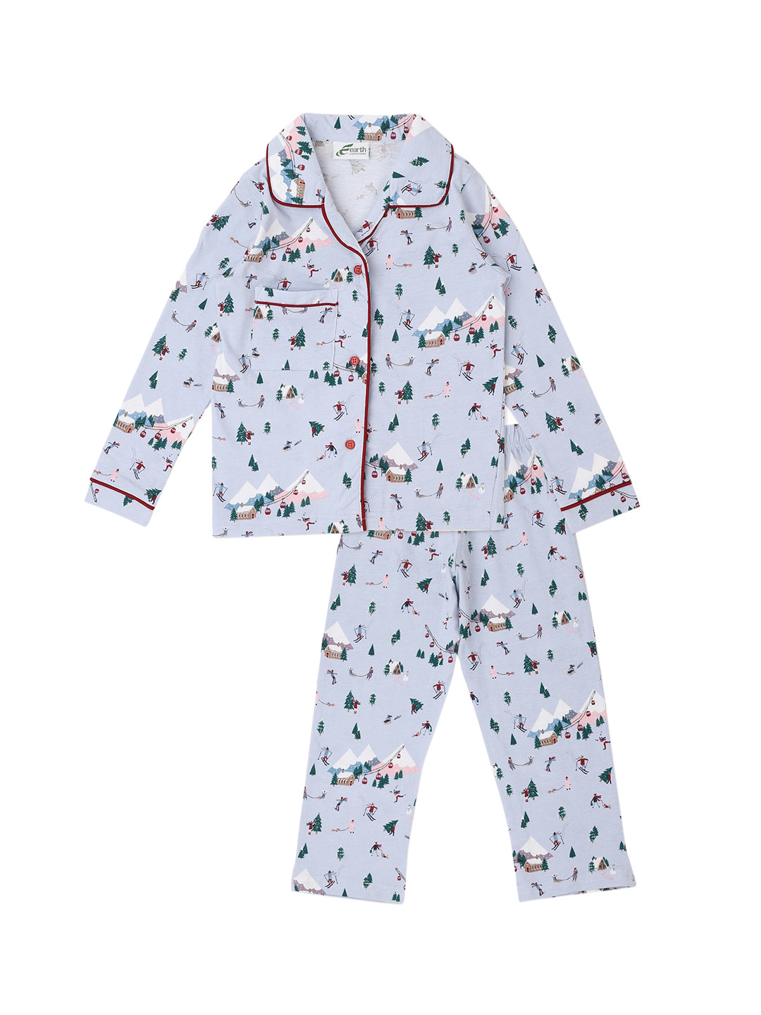 

earth conscious Girls Blue & Red Printed Night suit