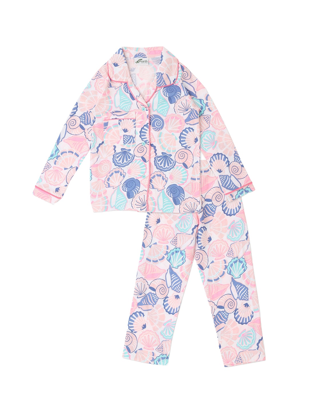 

earth conscious Girls Peach-Coloured & Violet Printed Pure Cotton Night suit