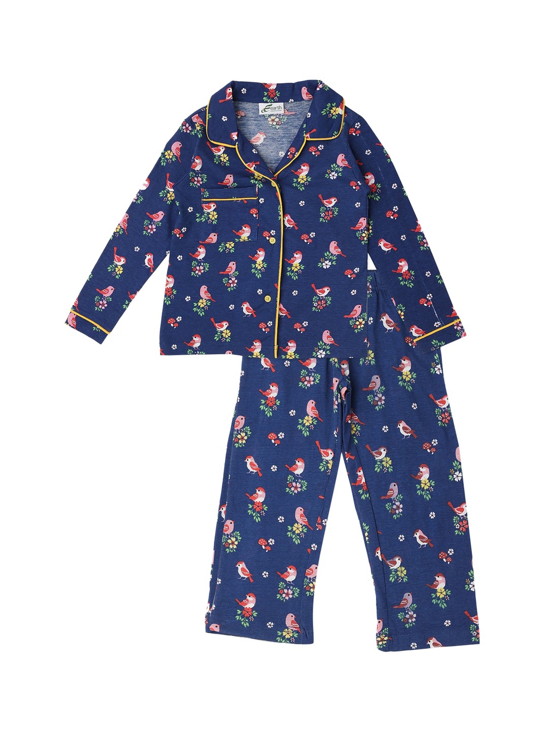 

earth conscious Girls Navy Blue & Pink Printed Pure Cotton Night suit