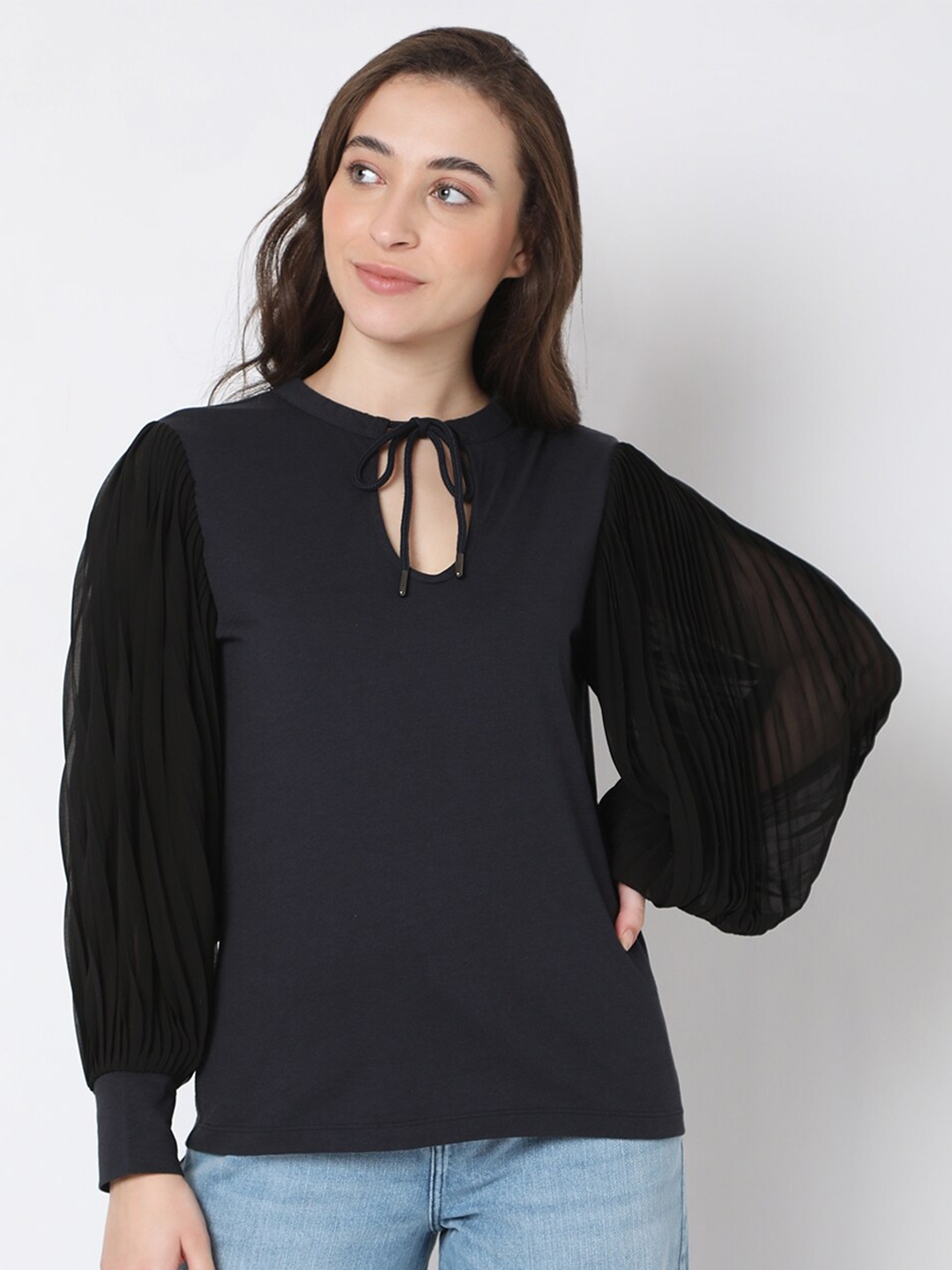 

Vero Moda Women Navy Blue Keyhole Neck Top