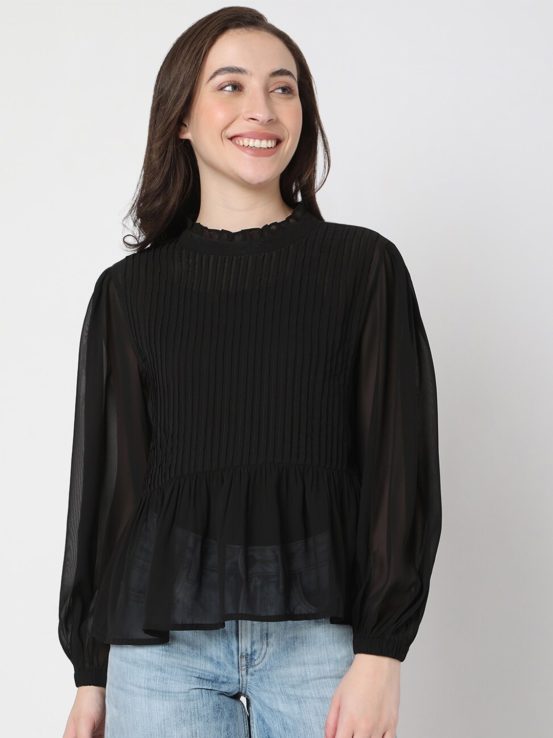 

Vero Moda Women Black Solid High Neck Peplum Top
