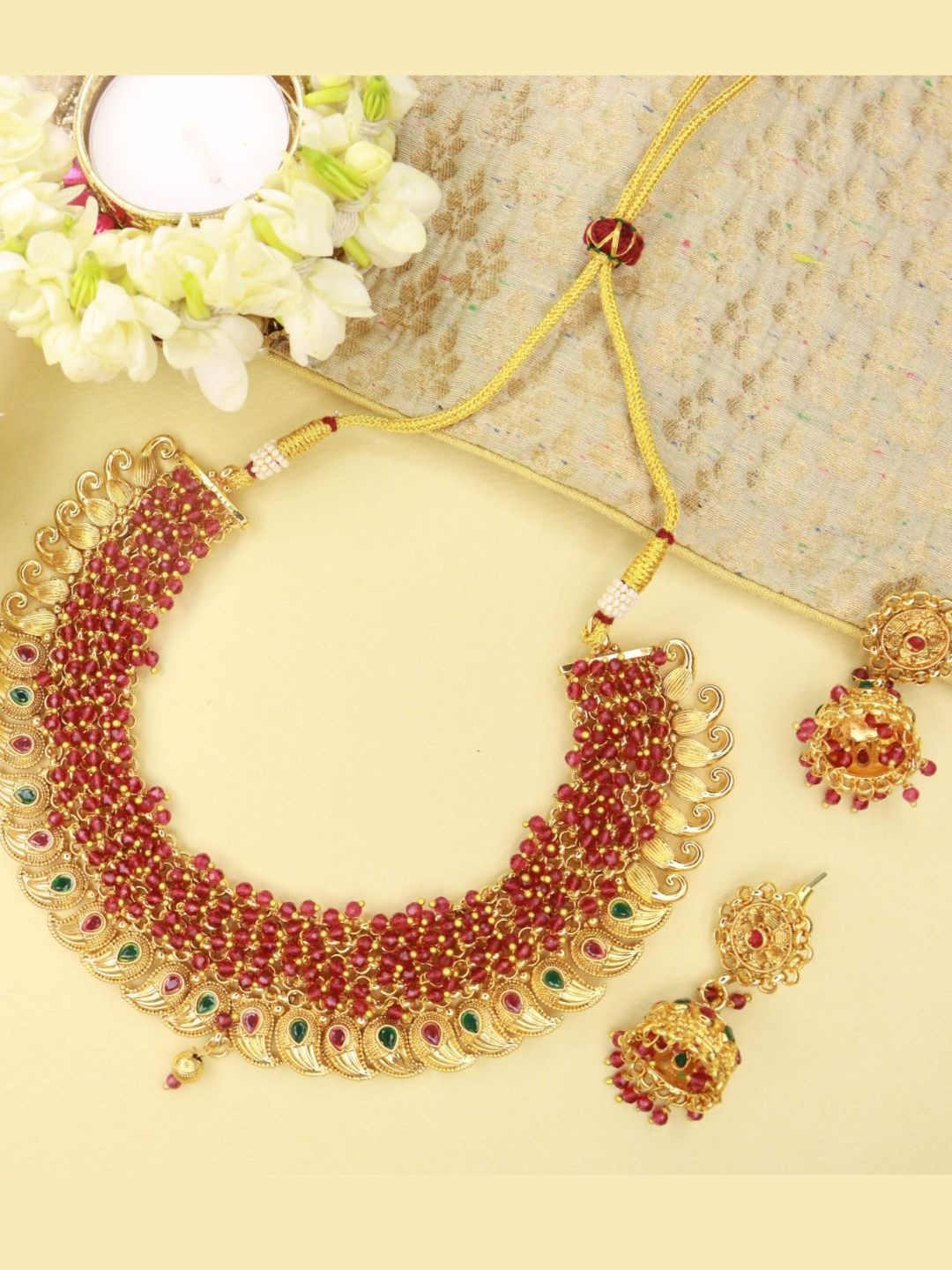 

I Jewels Maroon Pearl Studded Gold Plated Jewellery Set