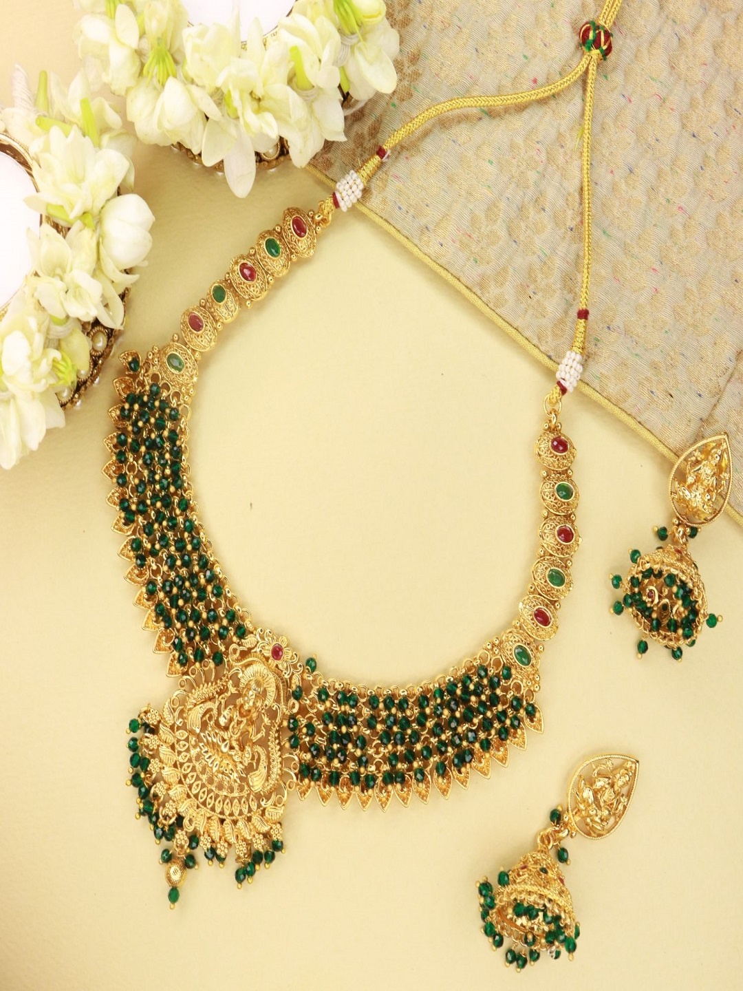 

I Jewels Gold-Plated Green Stone Studded Beaded Temple Choker Jewellery Set