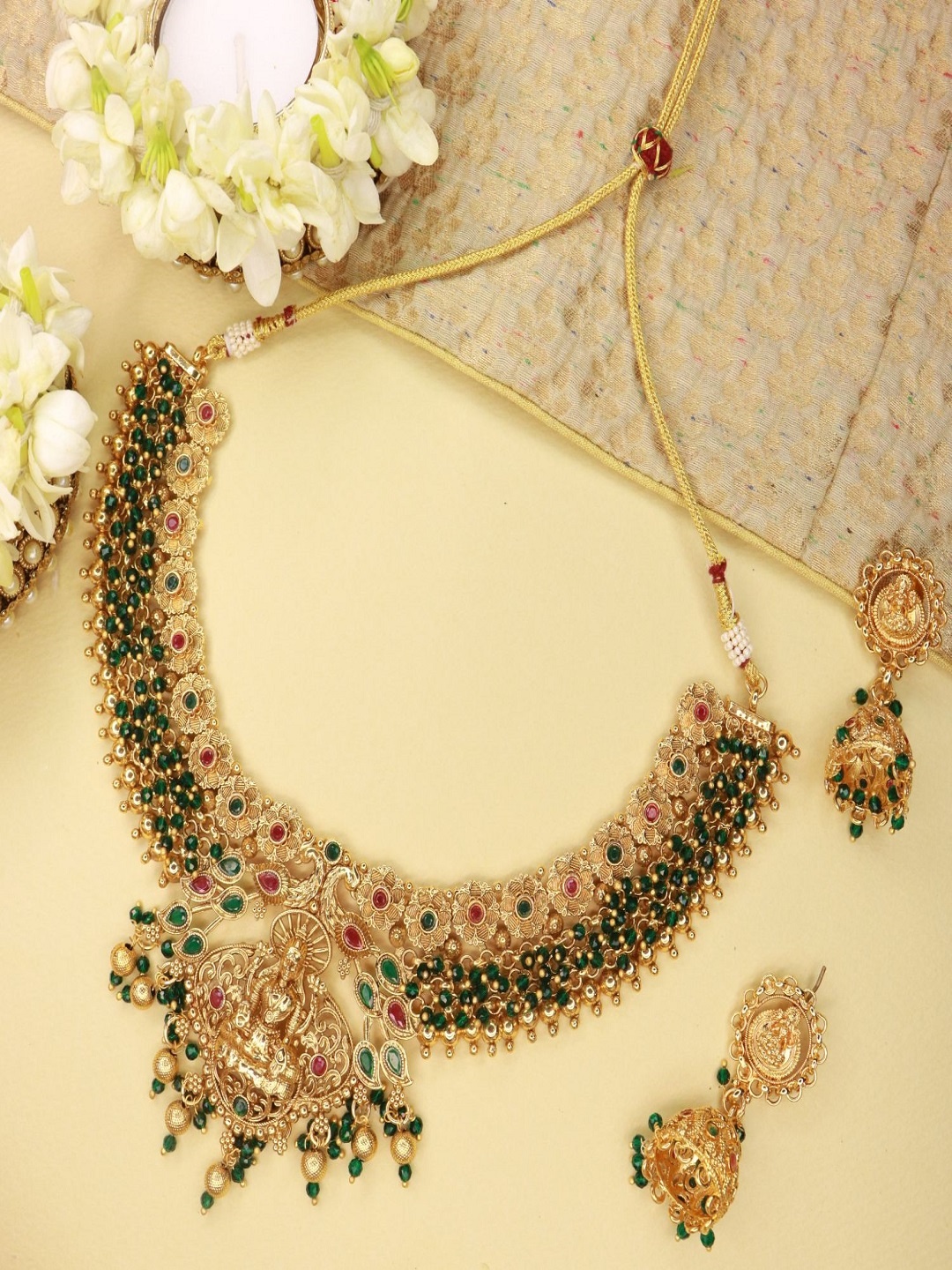 

I Jewels Gold-Plated Stone Studded Beaded Temple Choker Jewellery Set