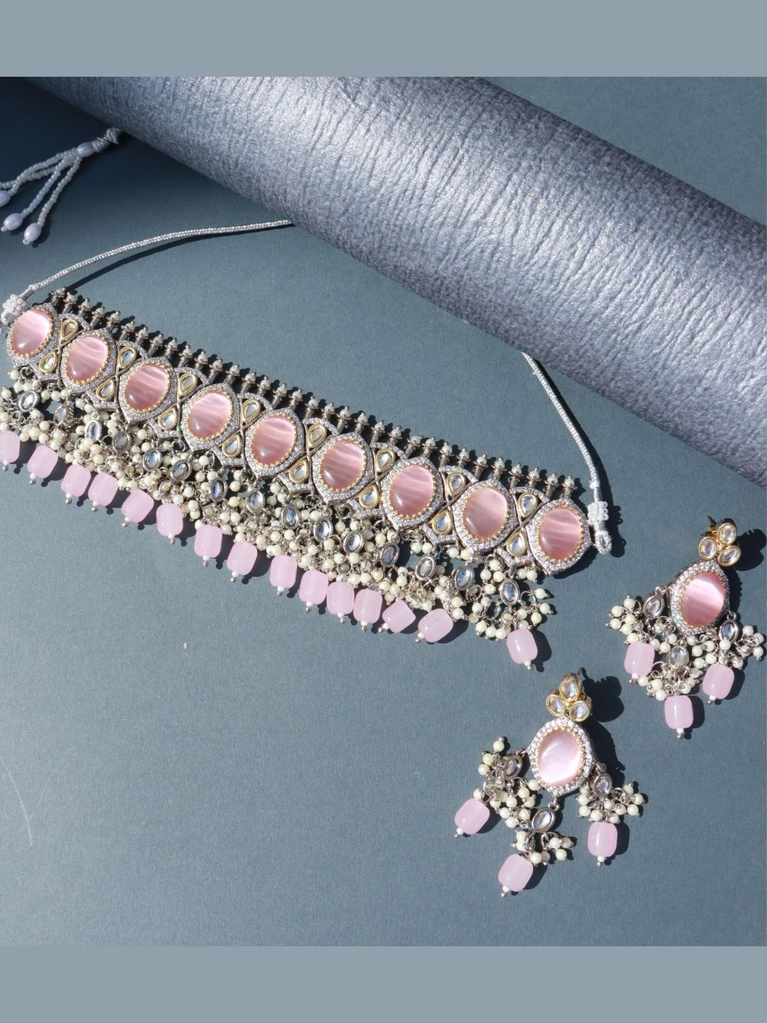 

I Jewels Pink Silver-Plated Kundan Studded Beaded Choker Jewellery Set