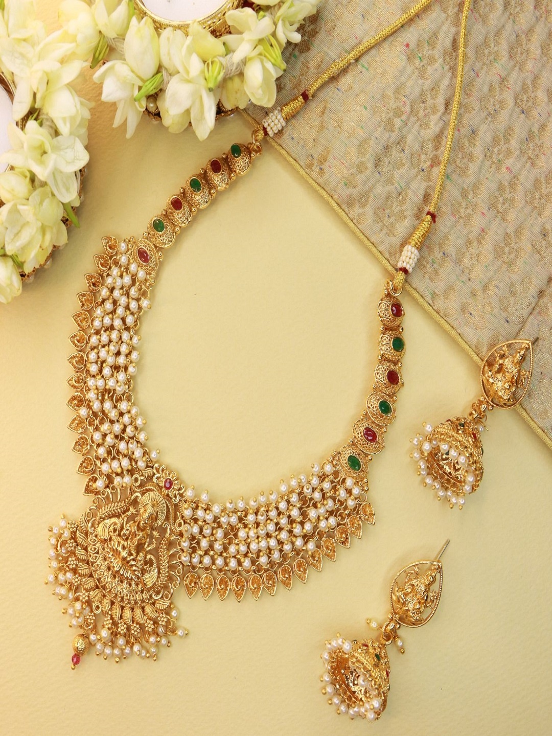 

I Jewels Gold-Plated Stone Studded Beaded Choker Temple Jewellery Set