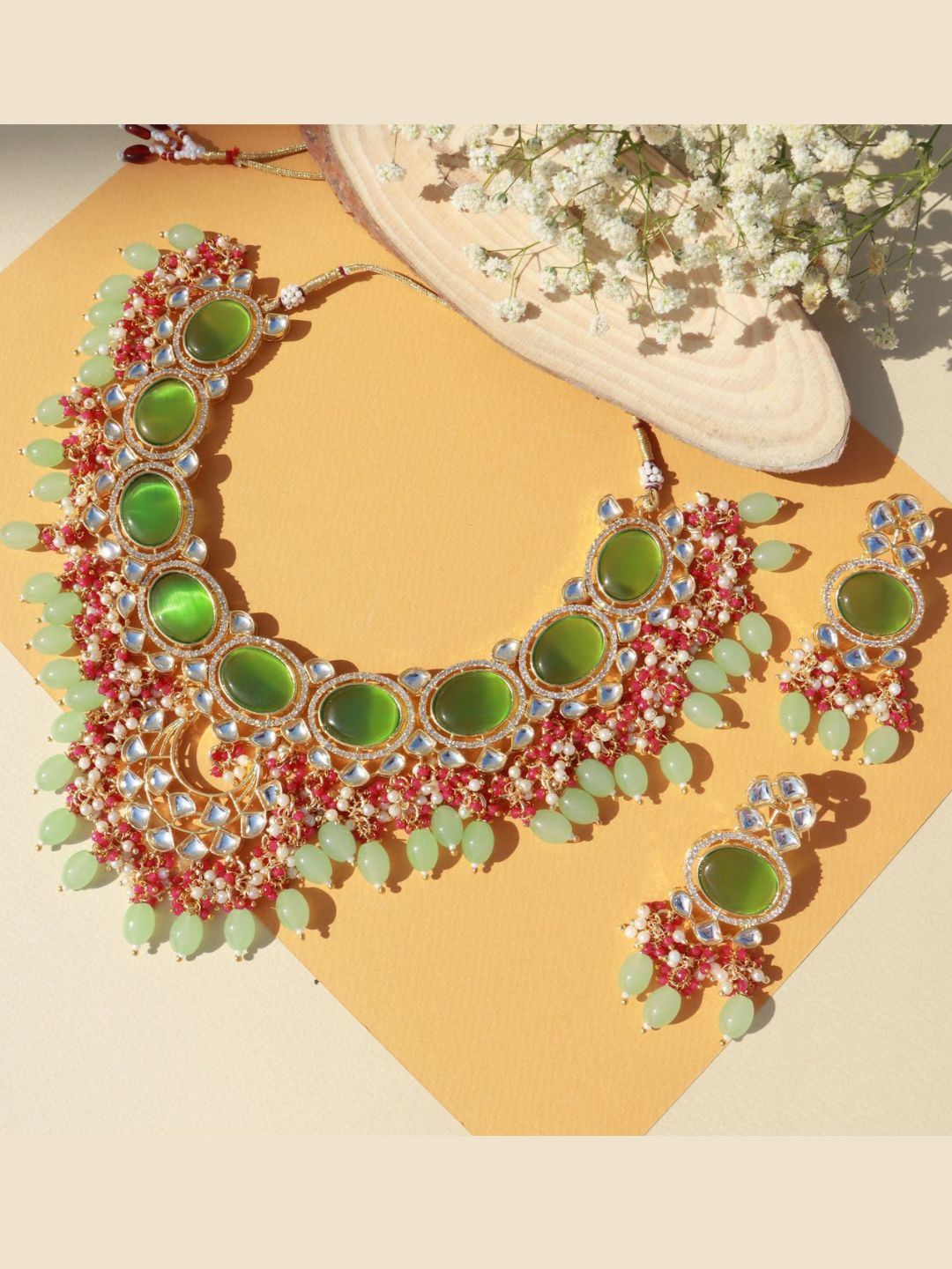 

I Jewels Green & Red Gold & Silver Plated Stone Studded Jewellery Set
