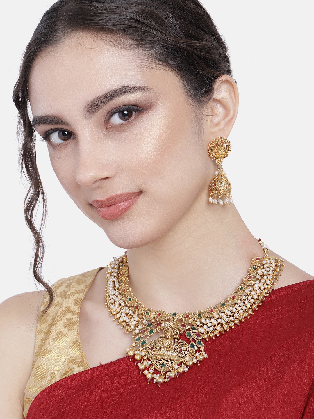 

I Jewels Gold-Plated Stone Studded Beaded Choker Temple Jewellery Set