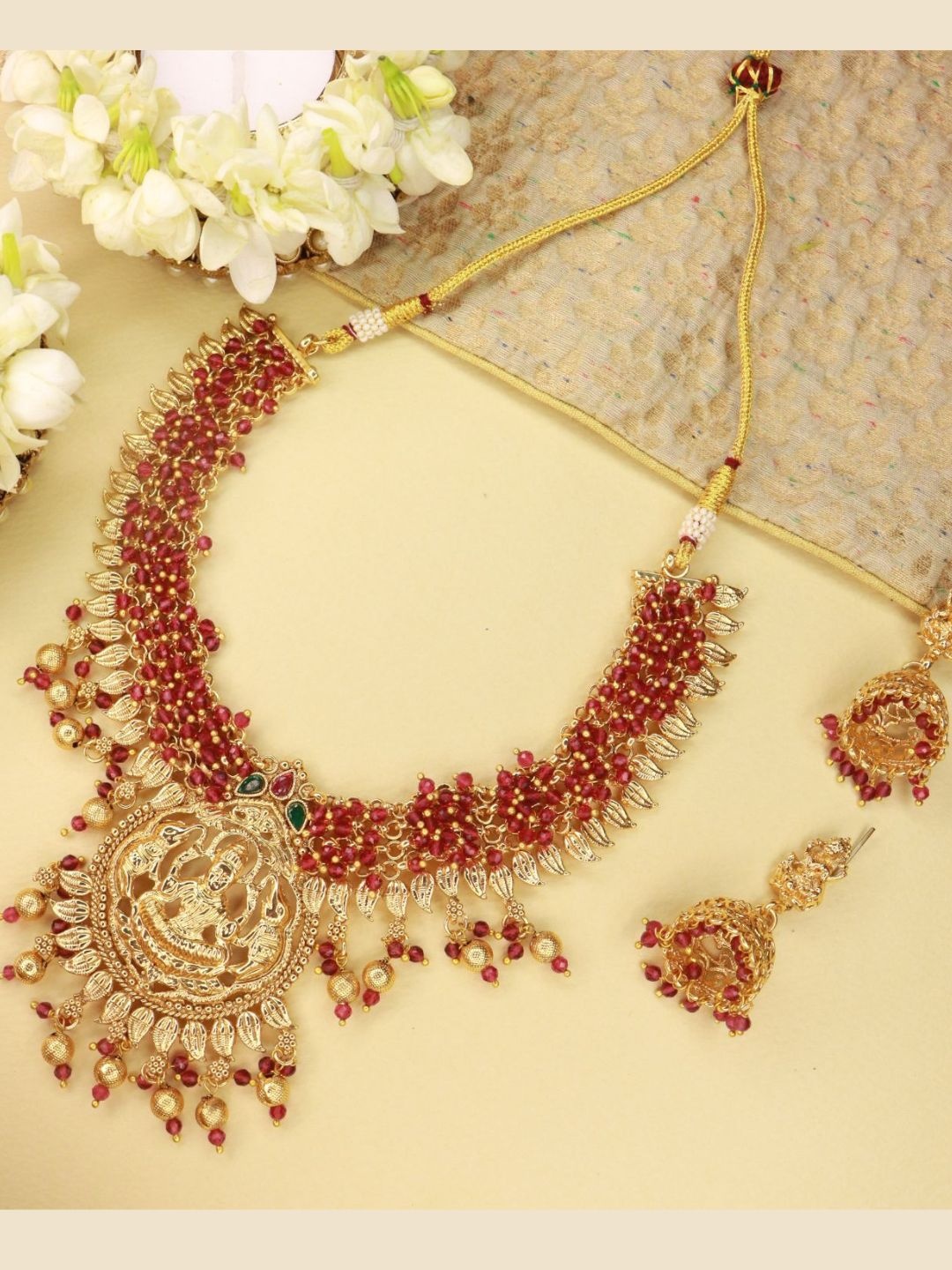 

I Jewels Maroon Pearl Studded Gold Plated Choker Temple Jewellery Set