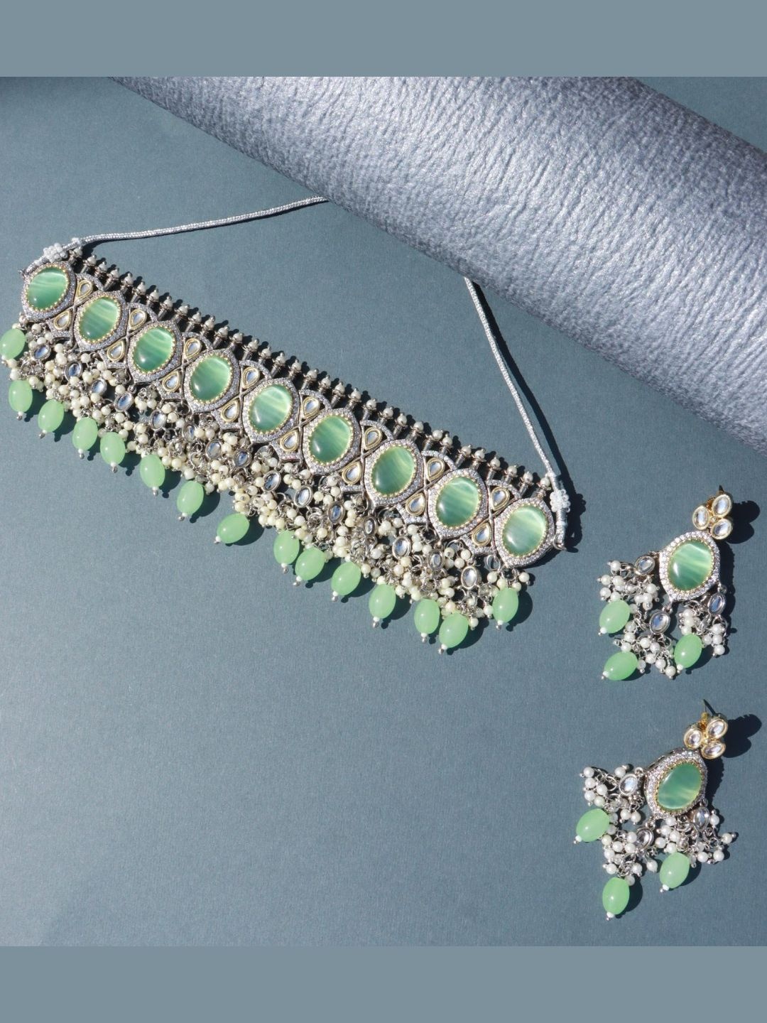 

I Jewels Sea Green & White Gold & Silver Plated Stone Studded Jewellery Set