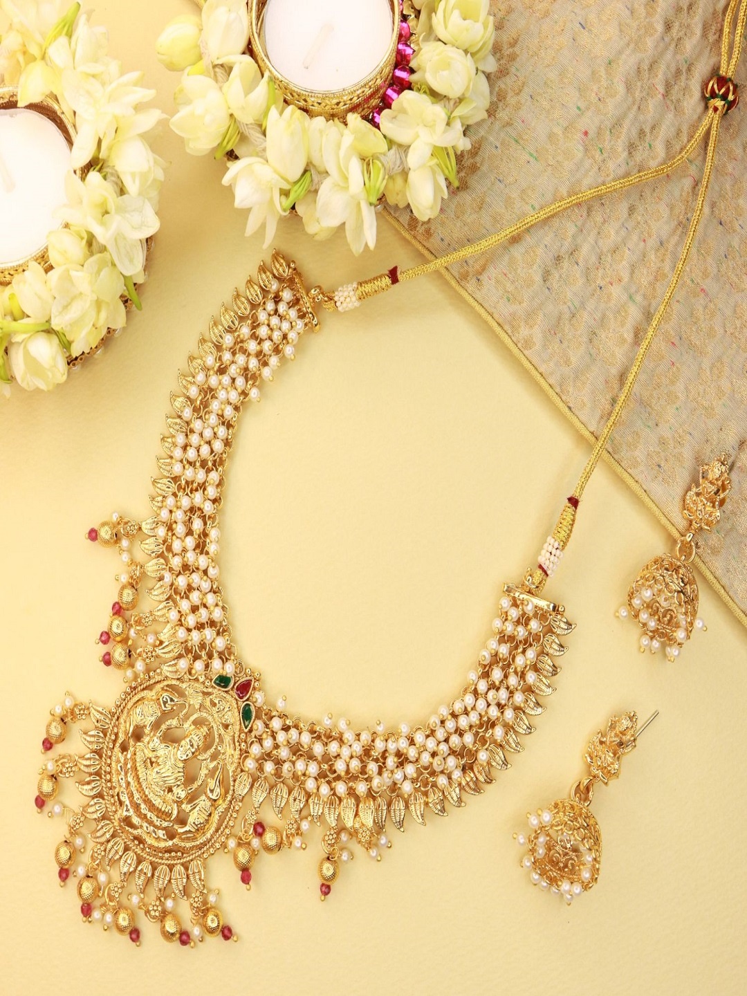 

I Jewels Gold-Plated Beaded Choker Temple Jewellery Set