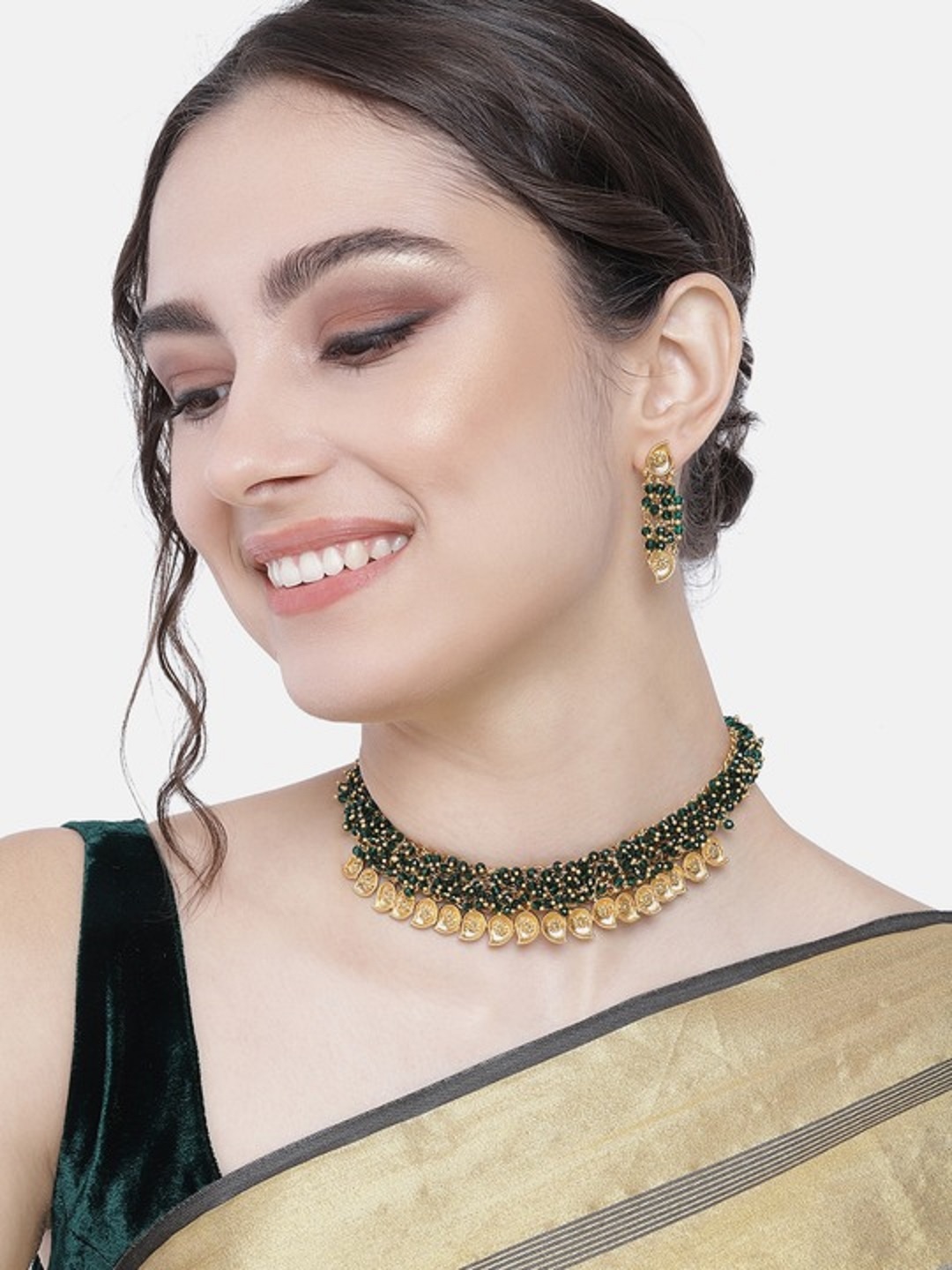 

I Jewels Gold-Plated Green Beaded Choker Jewellery Set