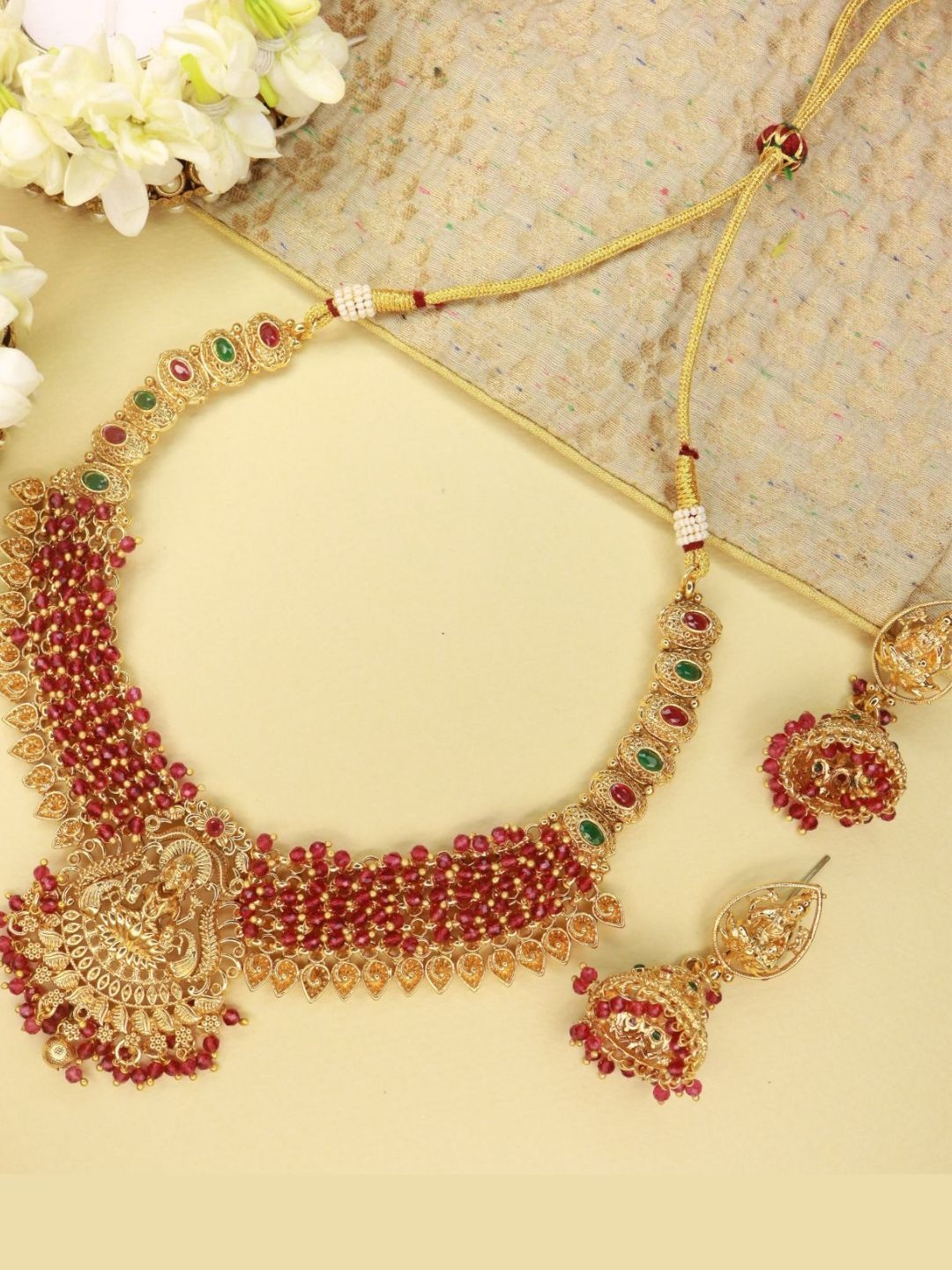 

I Jewels Maroon Pearl Studded Gold Plated Choker Temple Jewellery Set