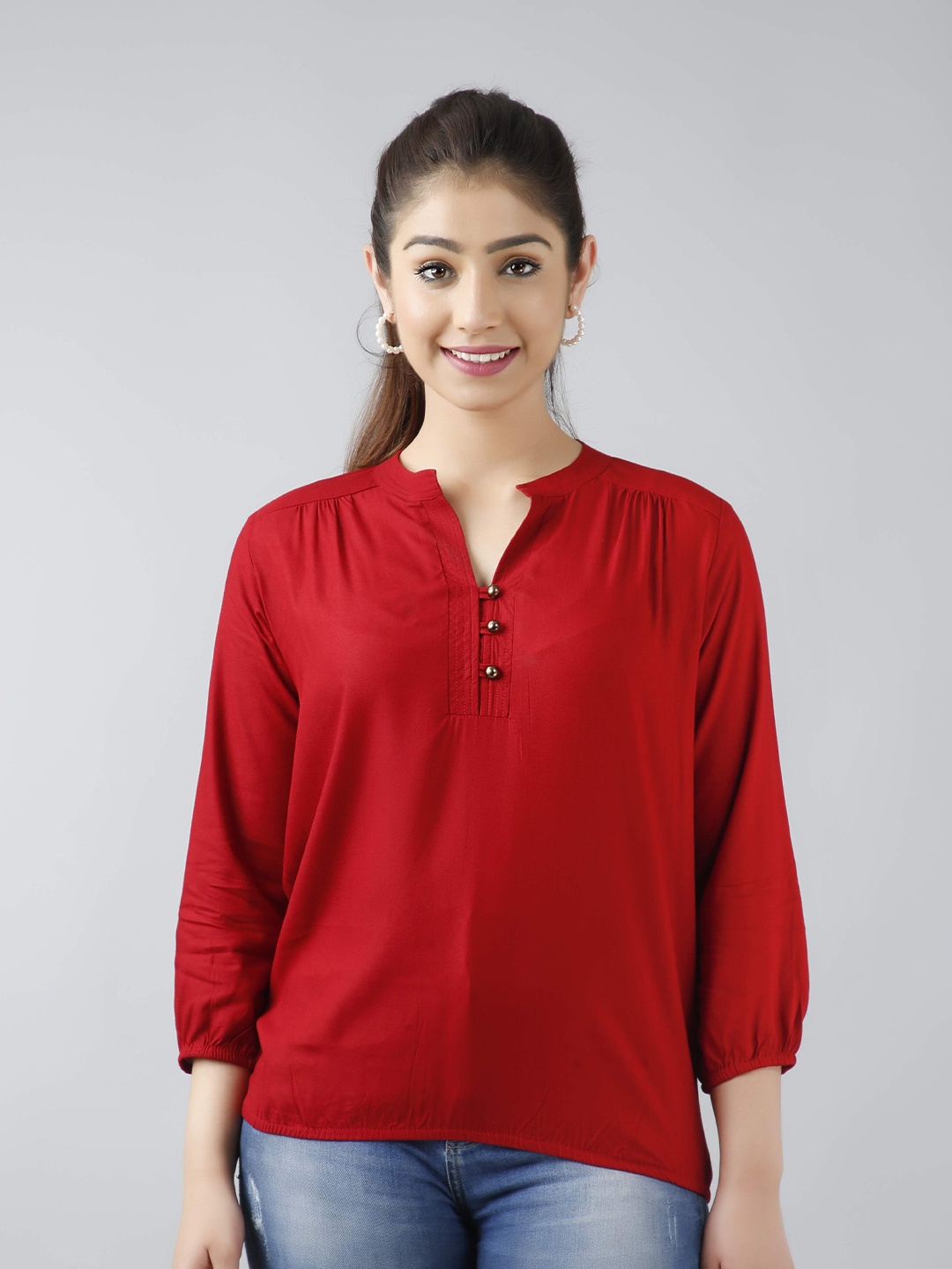 

Fab Star Maroon Mandarin Collar Shirt Style Top