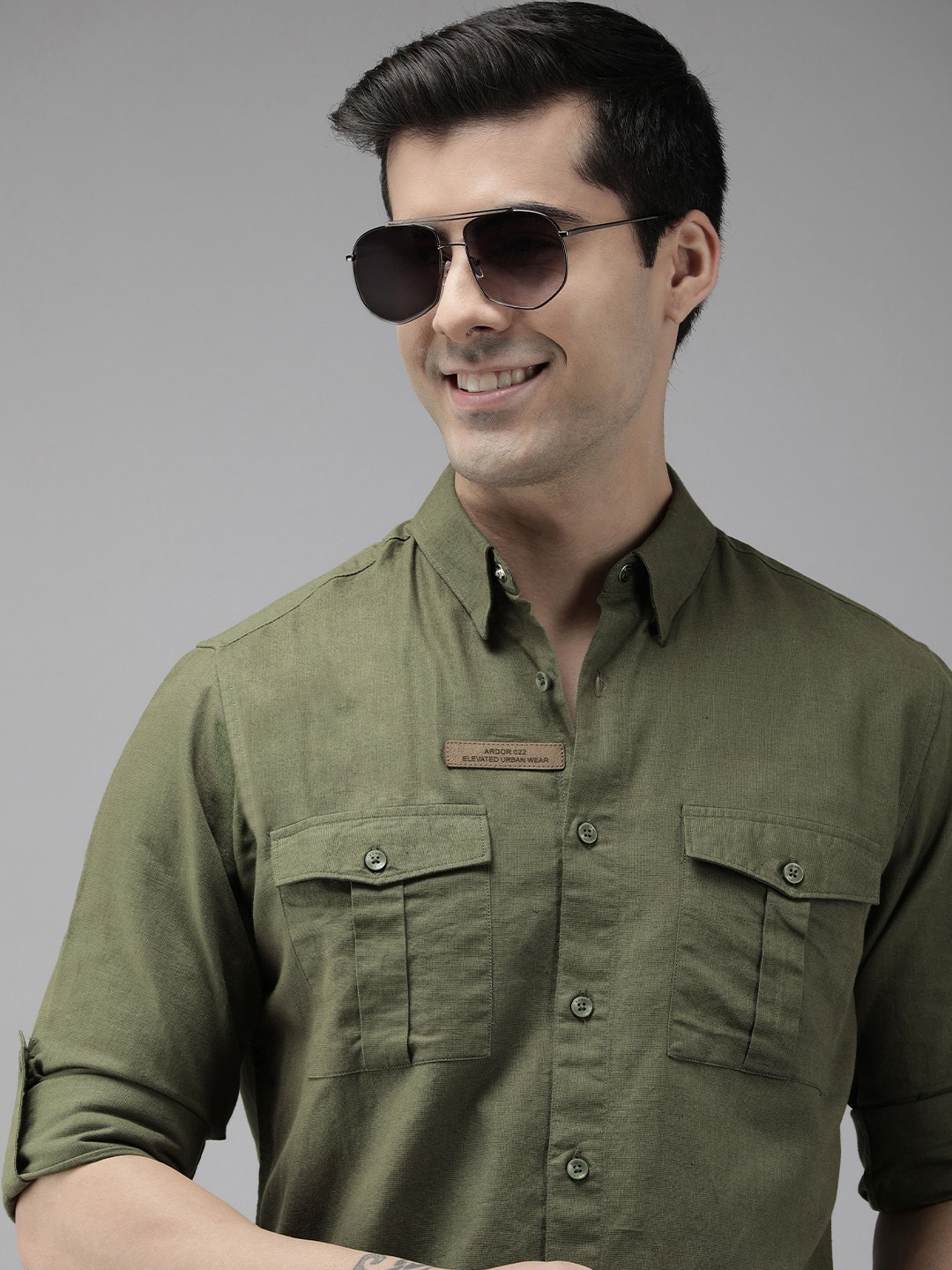 

THE BEAR HOUSE Ardor Edition Men Olive Green Slim Fit Linen Cotton Casual Shirt