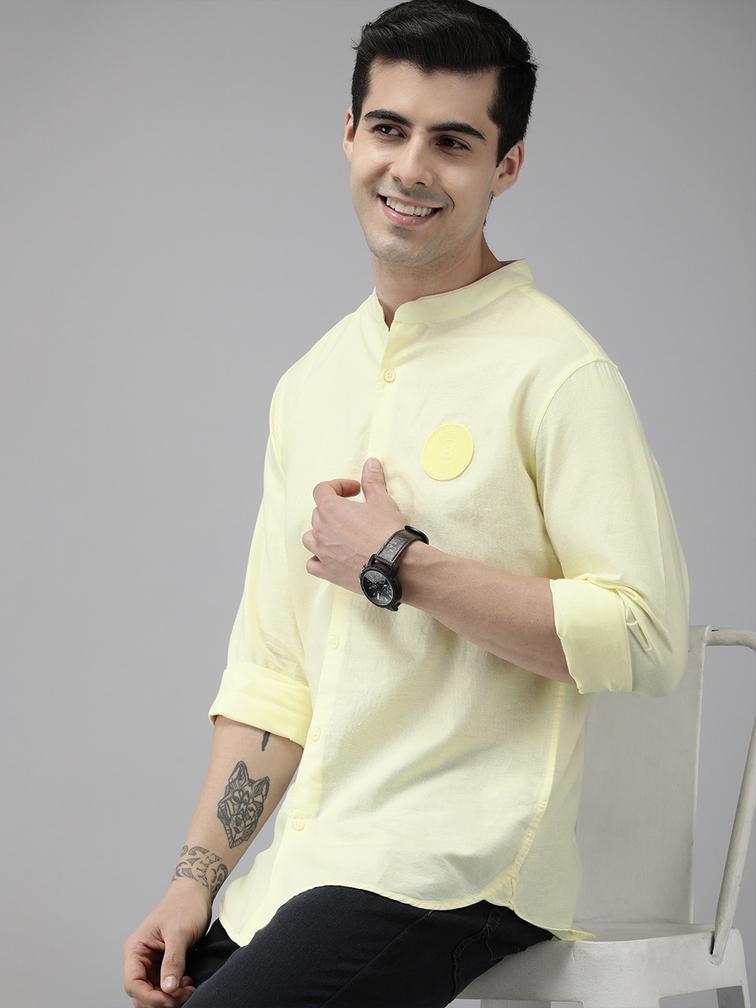 

THE BEAR HOUSE Ardor Edition Men Yellow Slim Fit Linen Cotton Casual Shirt