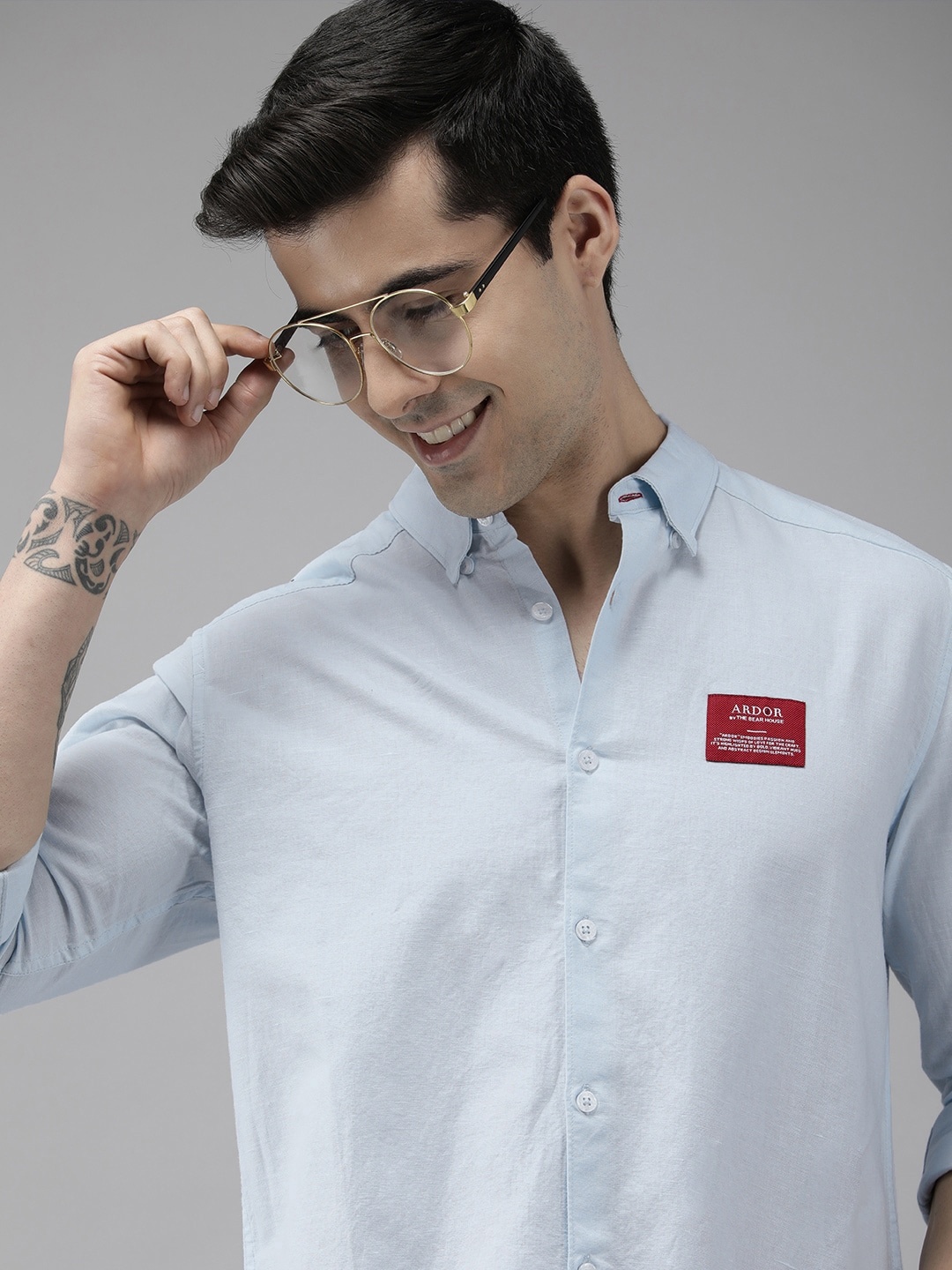 

THE BEAR HOUSE Ardor Edition Men Blue Slim Fit Linen Cotton Casual Shirt