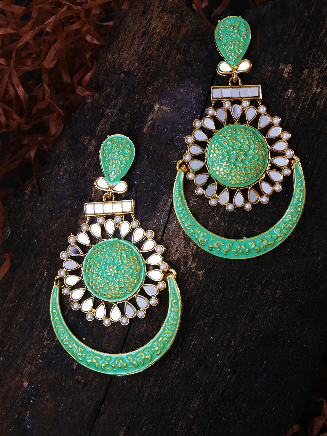 

LIVE EVIL Green Gold Plated Green Mirror & Pearl Work Contemporary Drop Earrings