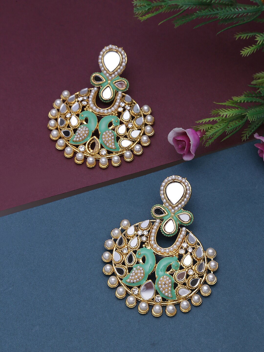 

LIVE EVIL Women Green Chandbalis Mirror & Stone Work Earrings Set