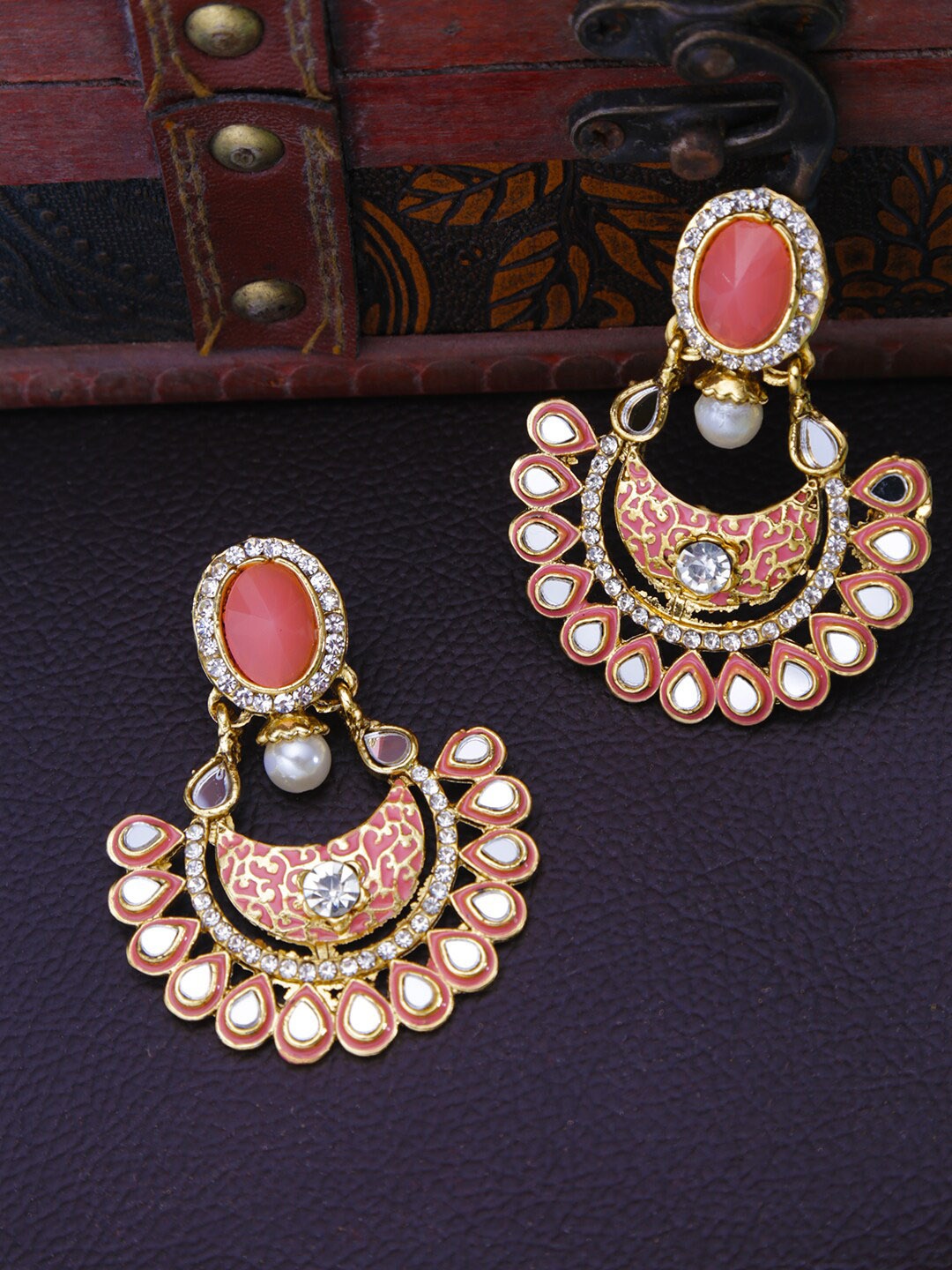 

LIVE EVIL Orange Crescent Shaped Gold Plated Chandbalis Earrings