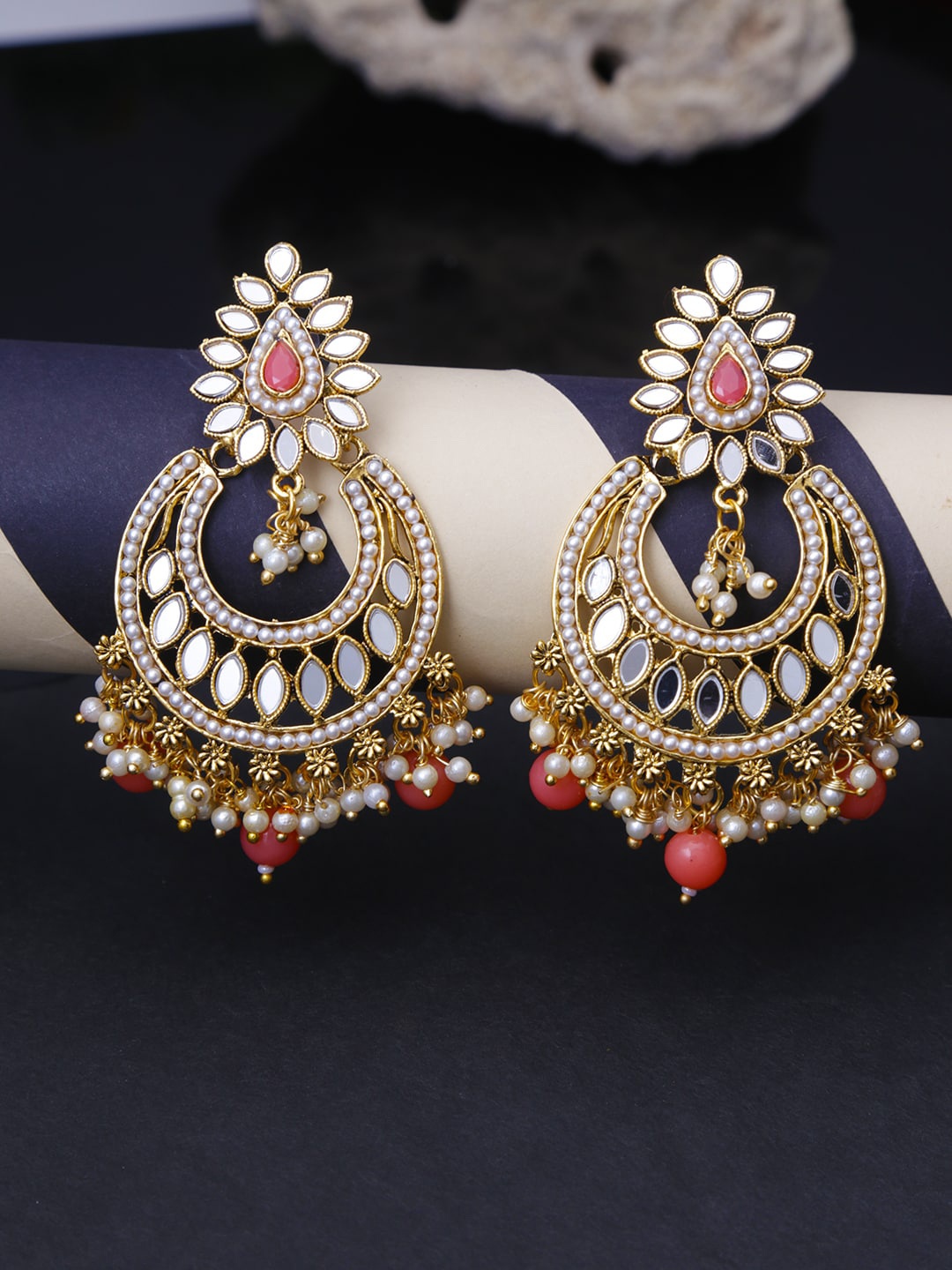 

LIVE EVIL Women Orange Contemporary Gold Plated Mirror & Stone Work Chandbalis Earrings