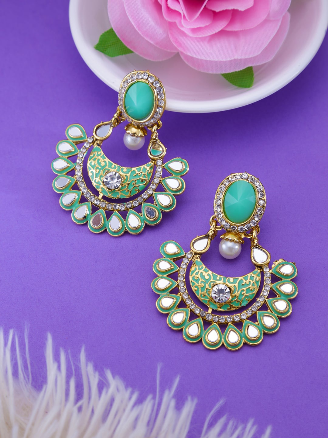 

LIVE EVIL Gold-Toned & Green Contemporary Chandbalis Earrings