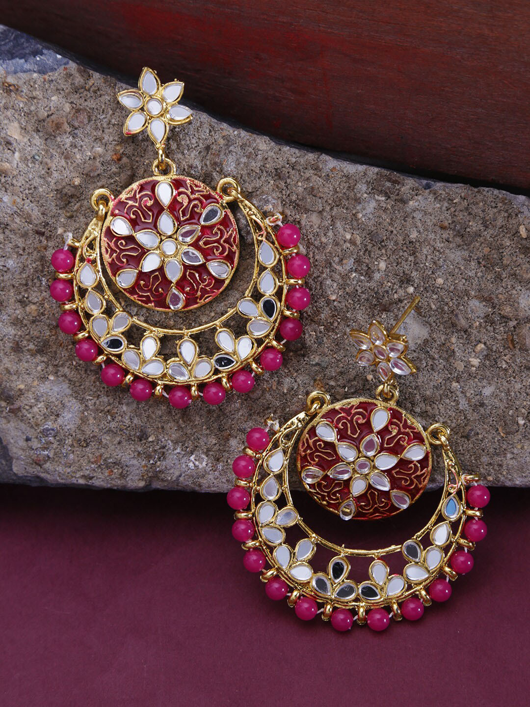 

LIVE EVIL Pink Gold Plated Kundan and Pearl Beaded Circular Chandbalis Earrings