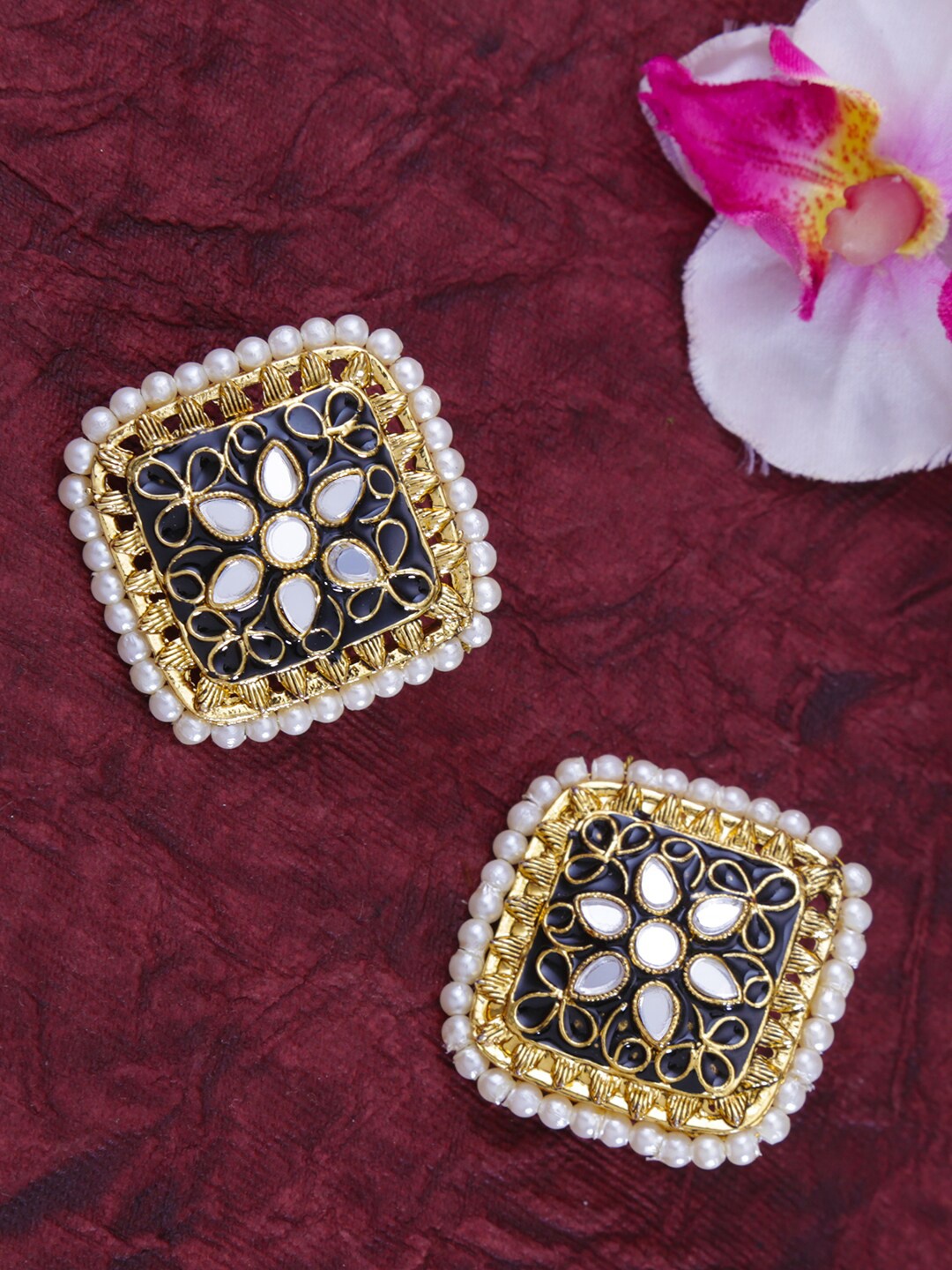 

LIVE EVIL Women Black Contemporary Studs Black Mirror & Pearl Work Earrings Set