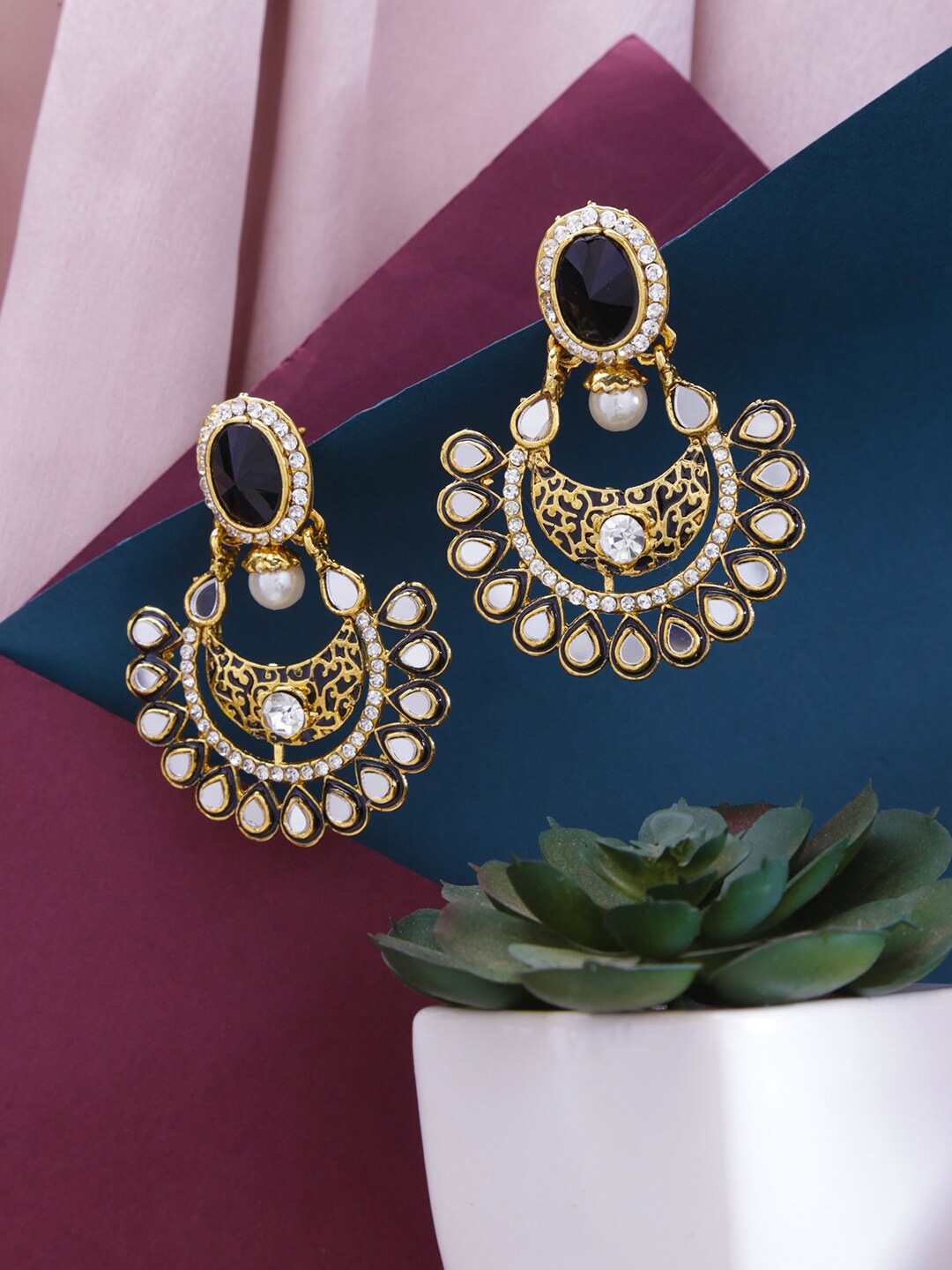 

LIVE EVIL Black & Gold Plated Contemporary Chandbalis Earrings