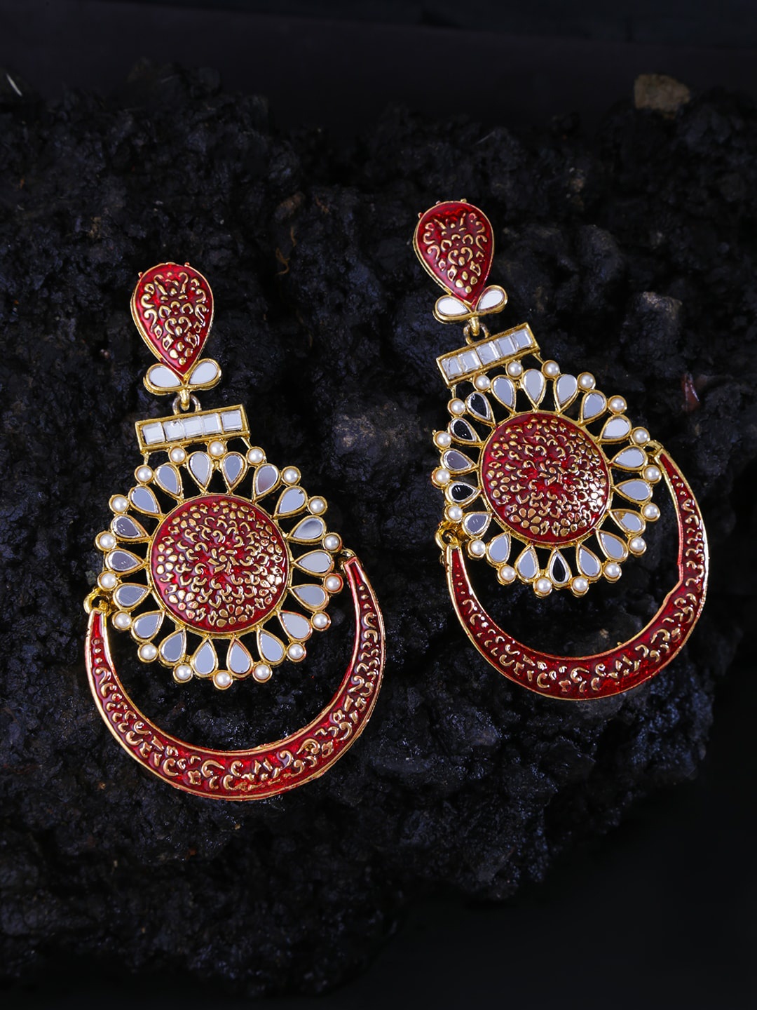 

LIVE EVIL Women Maroon Gold Plated Mirror & Pearl Work Contemporary Drop Earrings