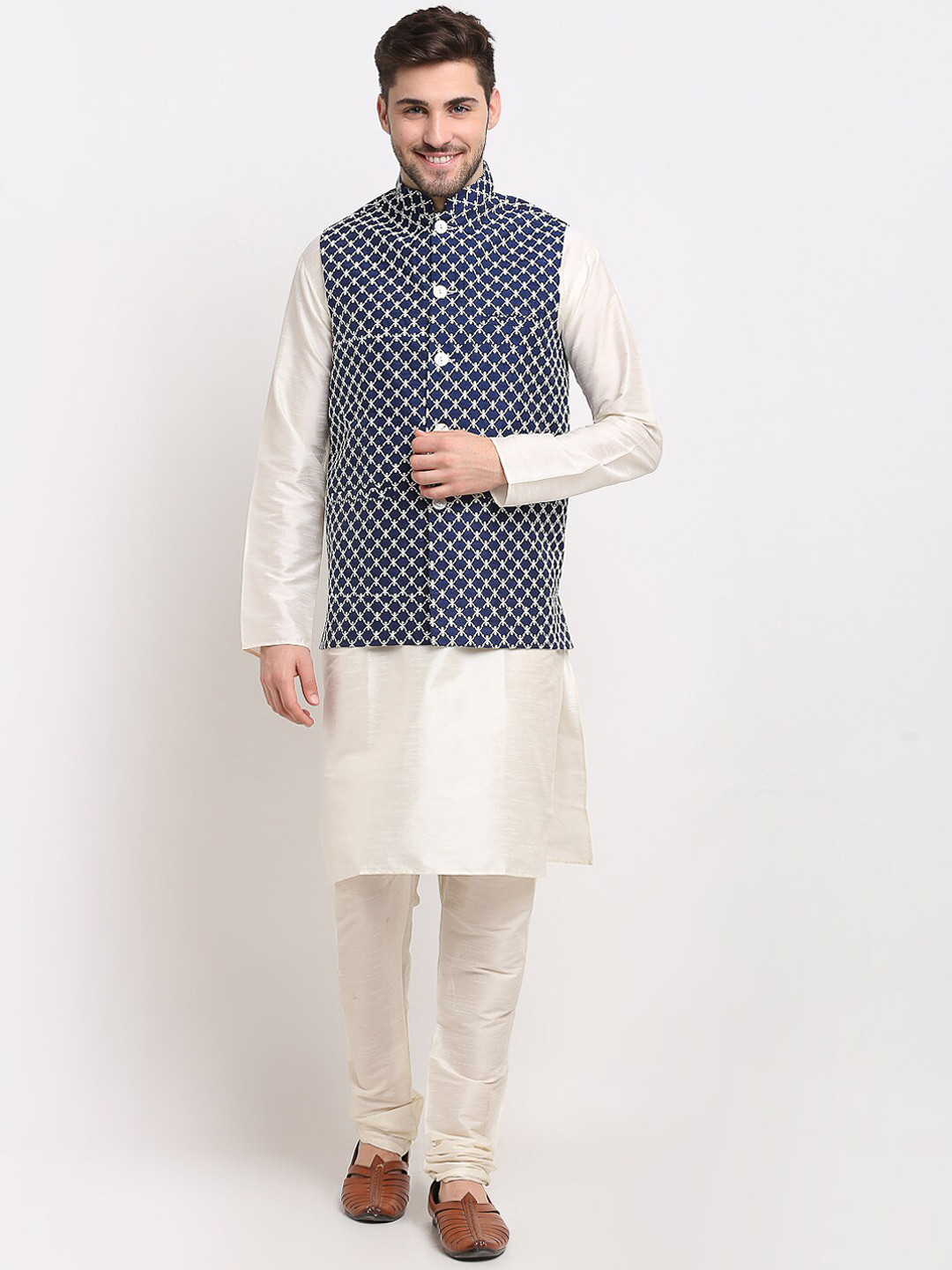 

Jompers Men Off White Dupion Silk Kurta and Embroidered Nehru Jacket with Churidar