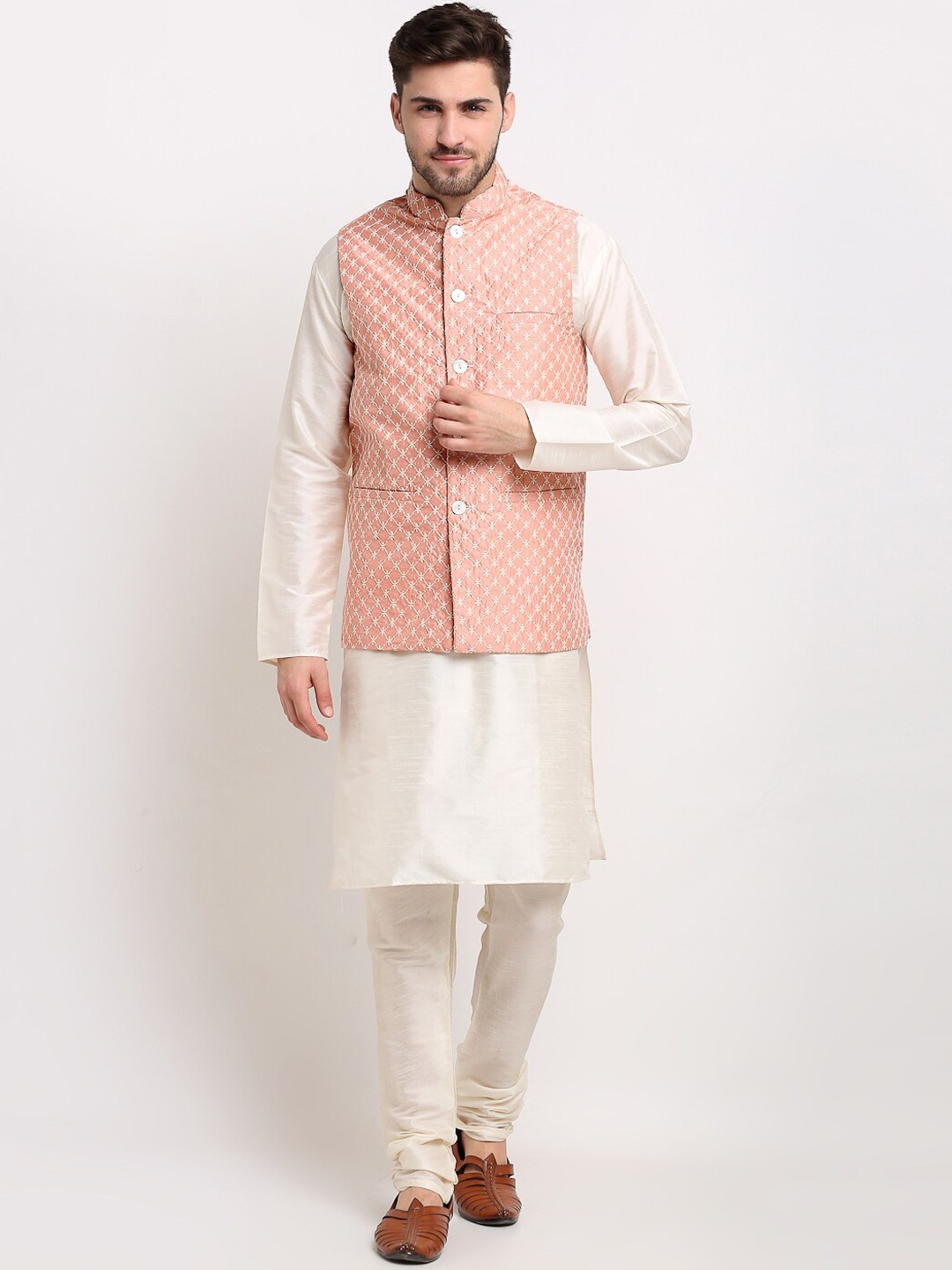 

Jompers Men Peach-Coloured Layered Dupion Silk Kurta with Churidar Nehru Jacket