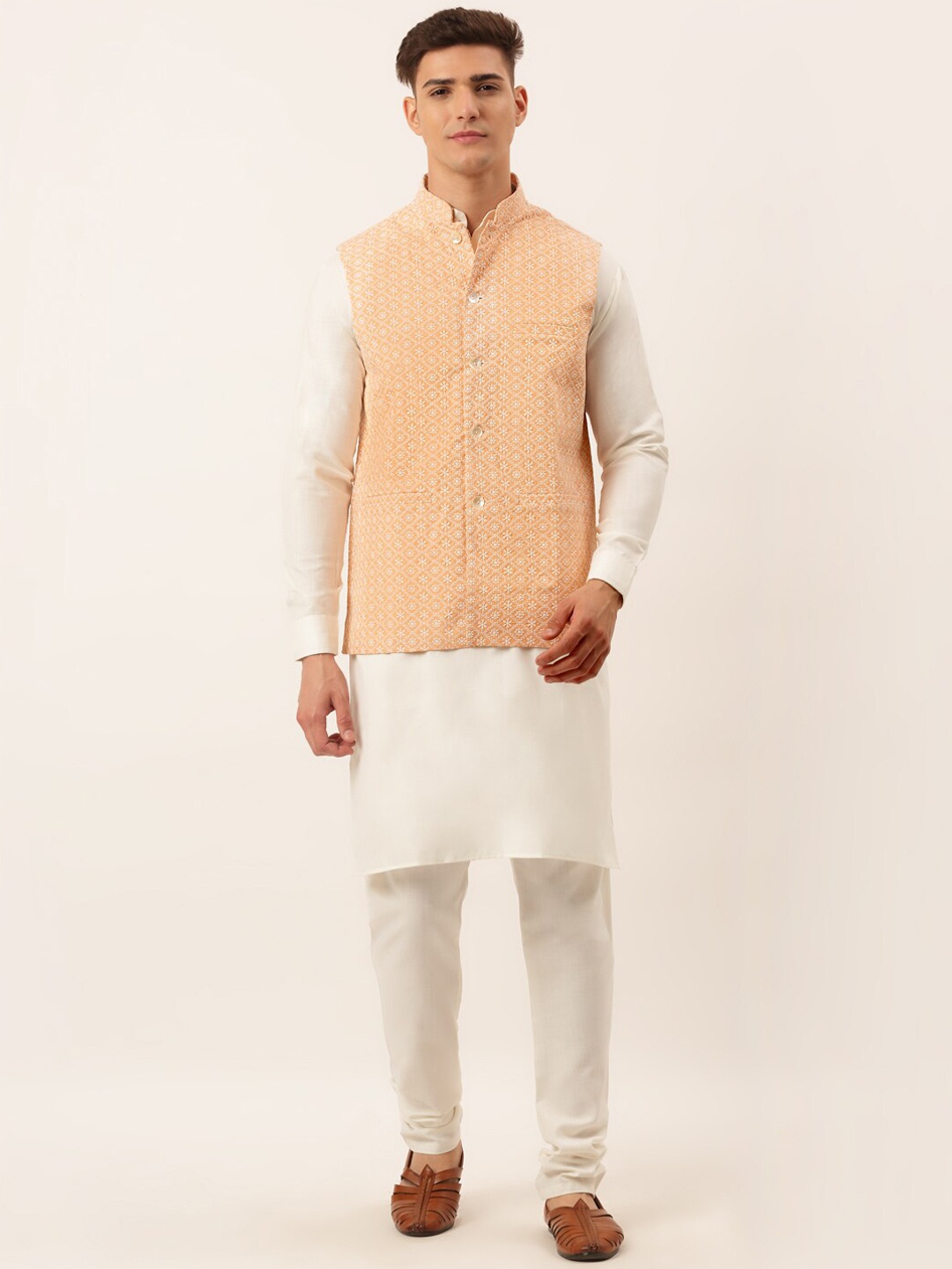 

Jompers Men Orange & White Solid Kurta Churidar with Nehru Jacket