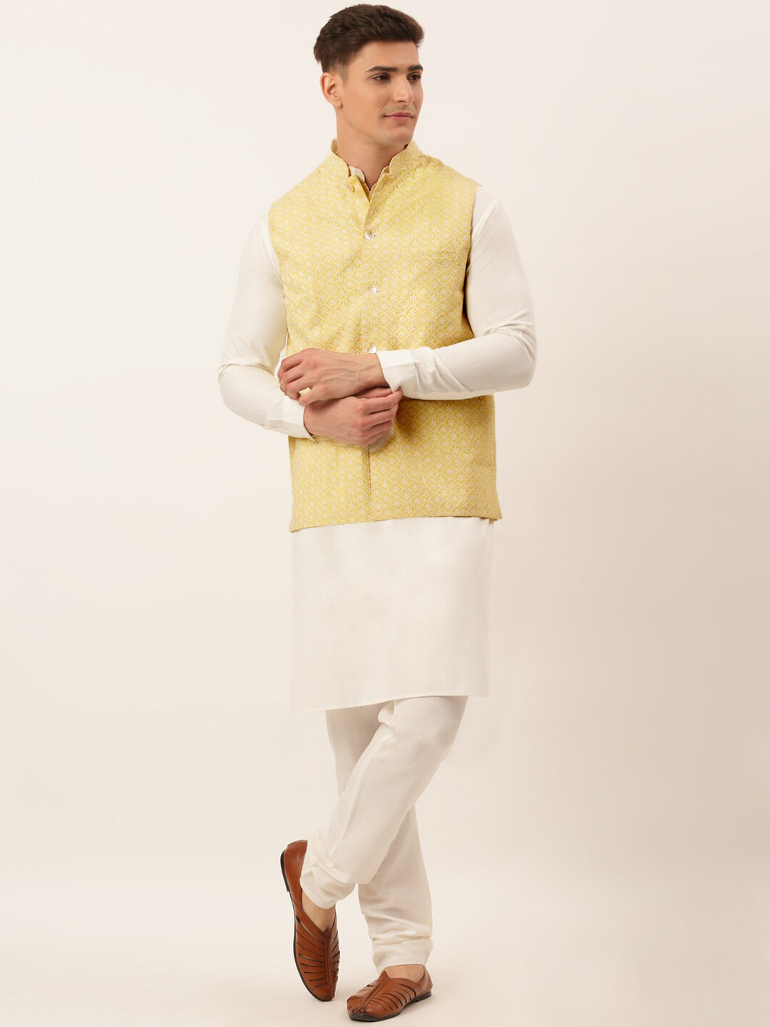 

Jompers Men White & Yellow Nehru Jacket Thread Work Kurta with Pyjamas
