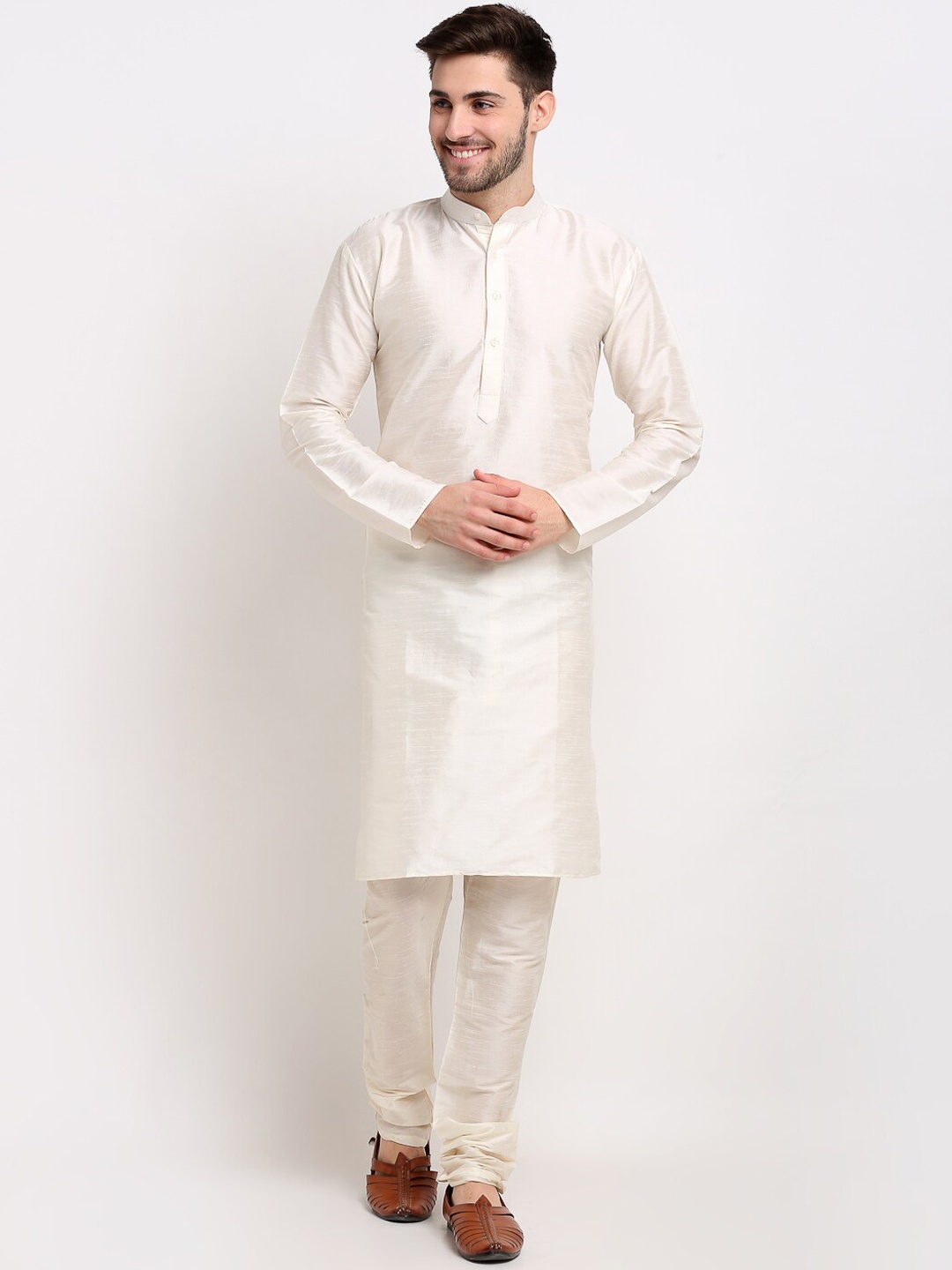 

Jompers Men Grey Layered Thread Work Dupion Silk Kurta with Churidar