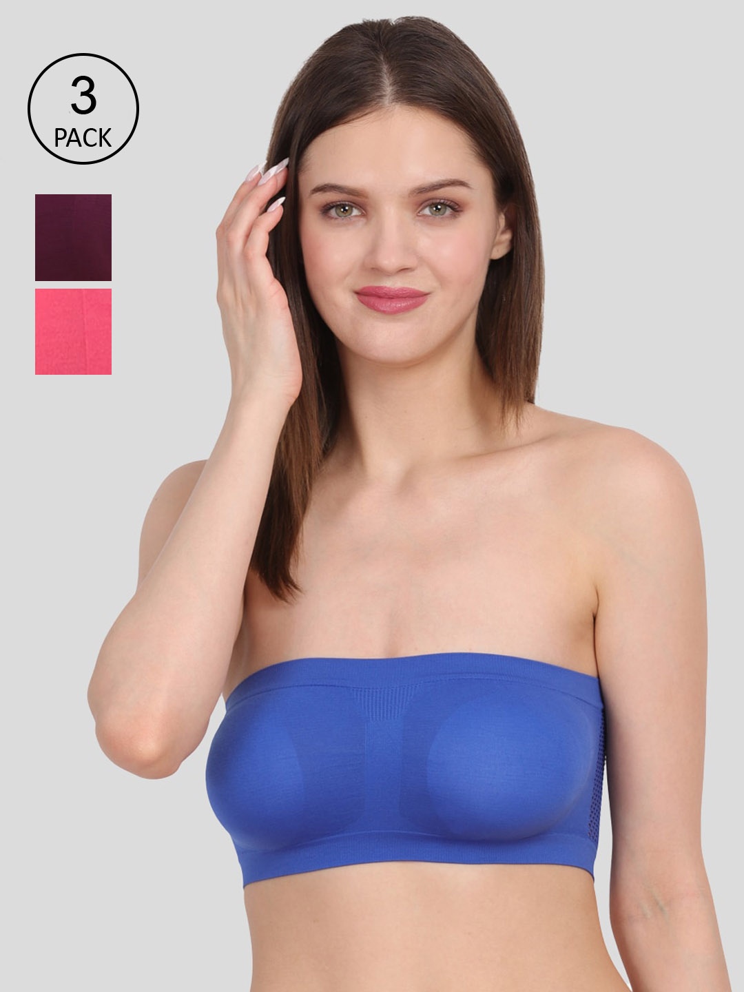 

Amour Secret Pack Of 3 Blue & Purple Non Padded & Non Wired Bandeau Bra