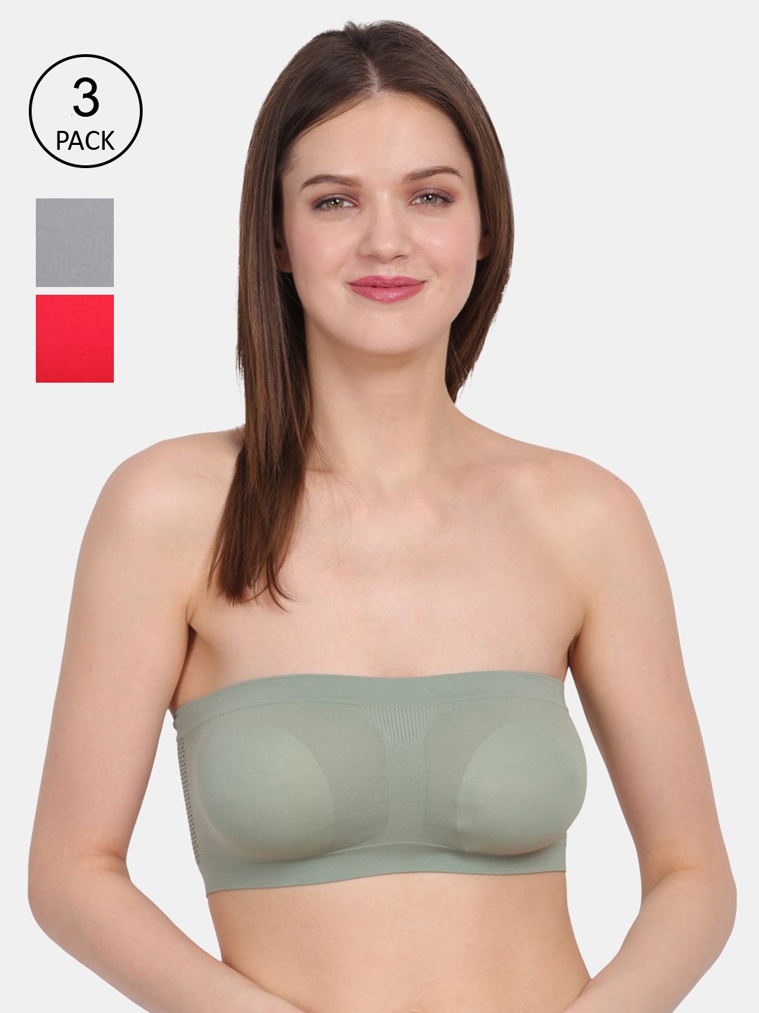 

Amour Secret Pack of 3 Green & Grey Non-Padded Bandeau Bra TB022_Grn_Gry_Red
