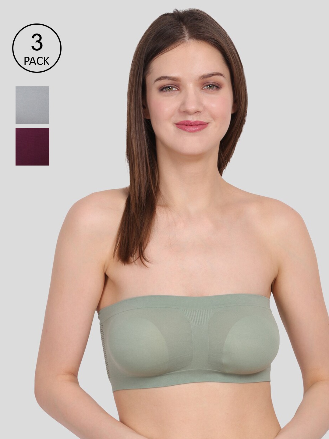 

Amour Secret Set Of 3 Green & Grey Non Padded & Non Wired Solid Bandeau Bra