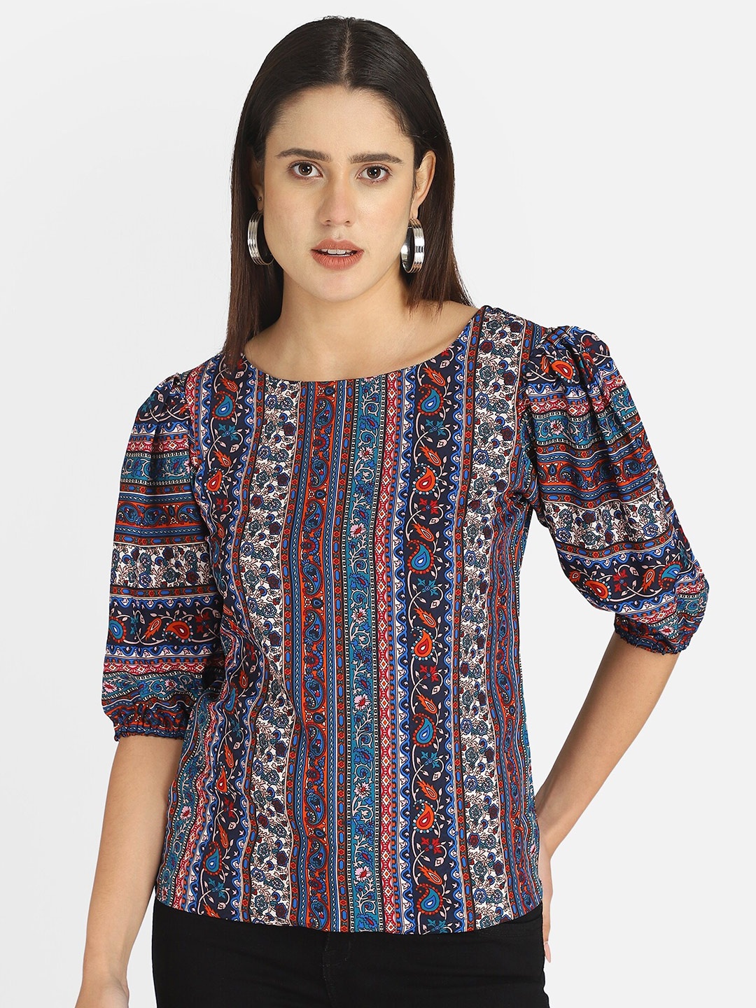 

Fbella Blue Ethnic Motifs Print Puff Sleeve Crepe Top