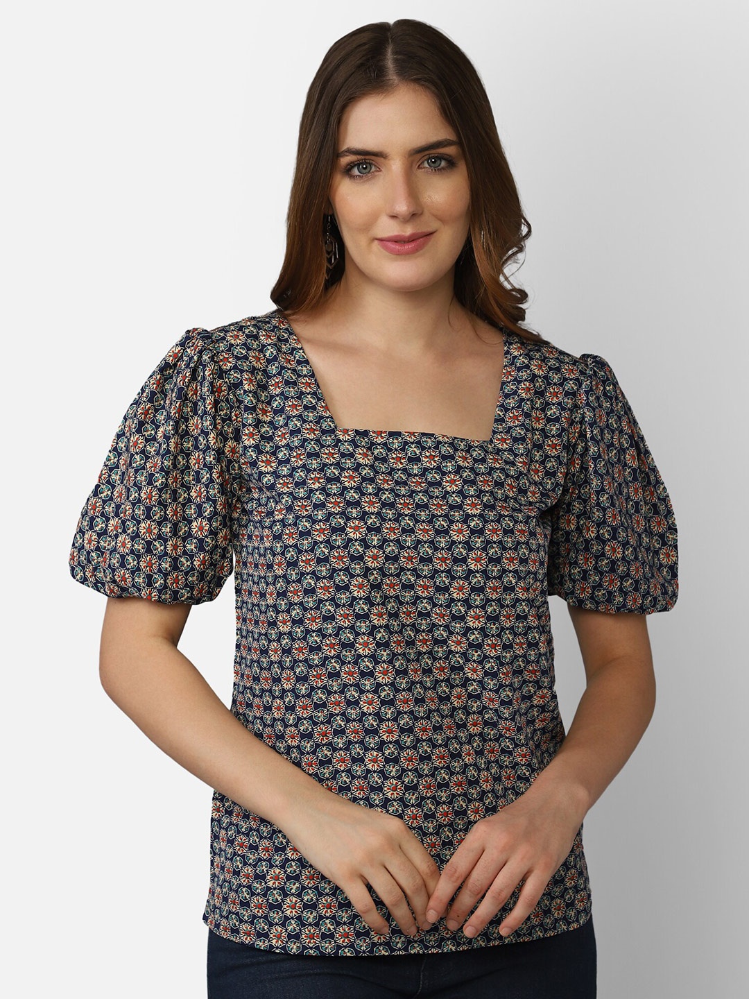 

Fbella Blue Floral Print Square Neck with Puff Sleeves Crepe Top