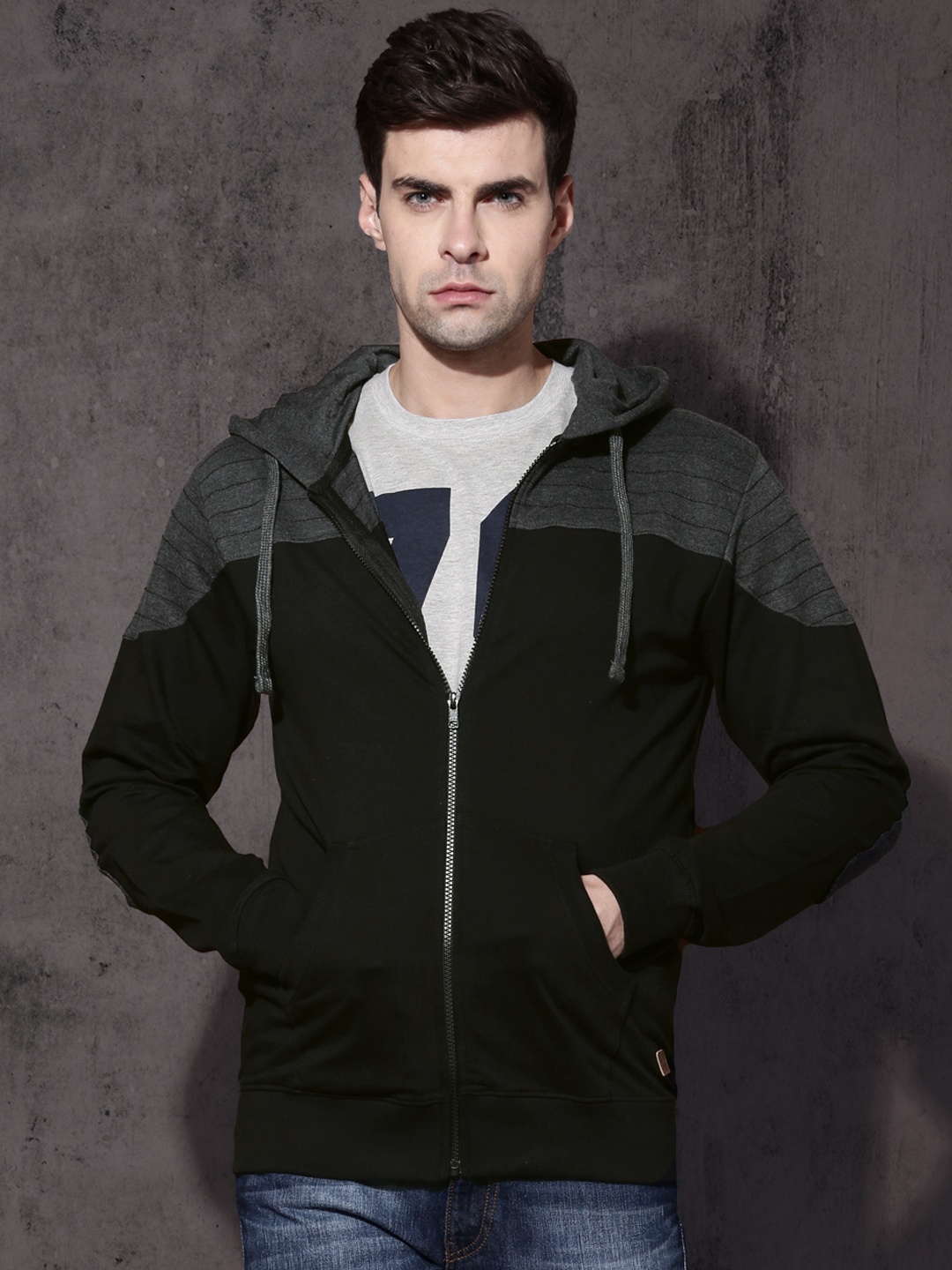 

Roadster Men Black & Charcoal Grey Solid Hooded Sweatshirt