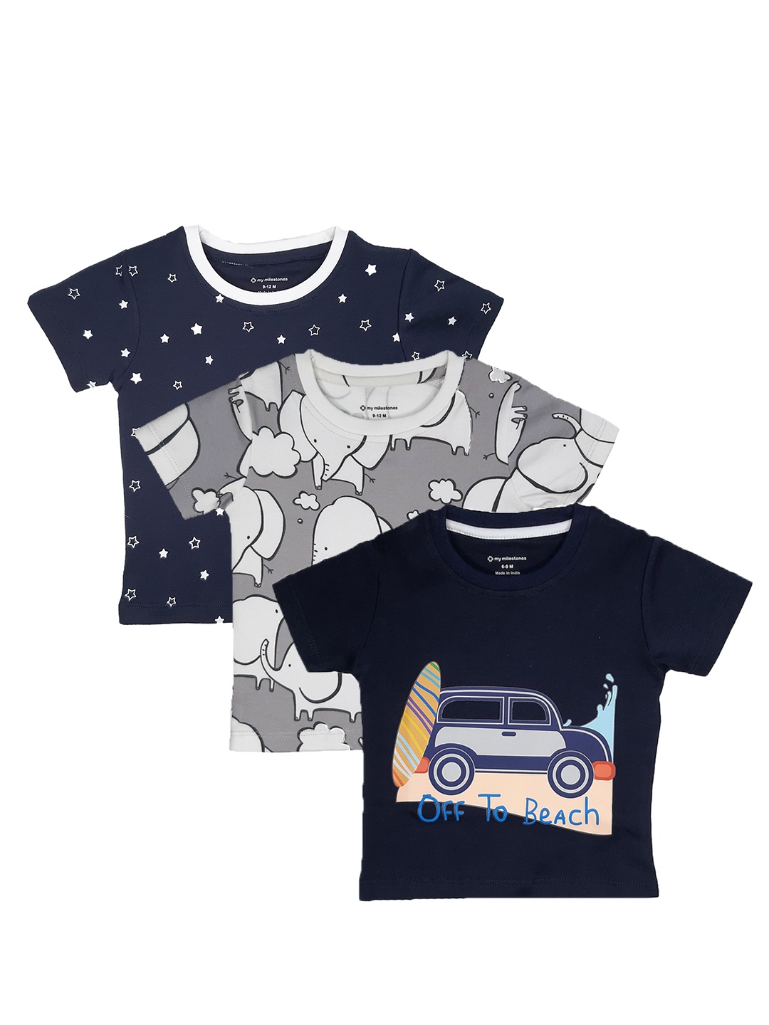 

My Milestones Boys Multicoloured 3 Printed V-Neck Applique T-shirt, Multi