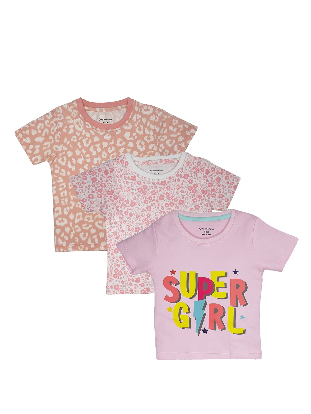 My Milestones Girls Pink & Peach-Coloured Typography 3 Printed Applique T-shirt