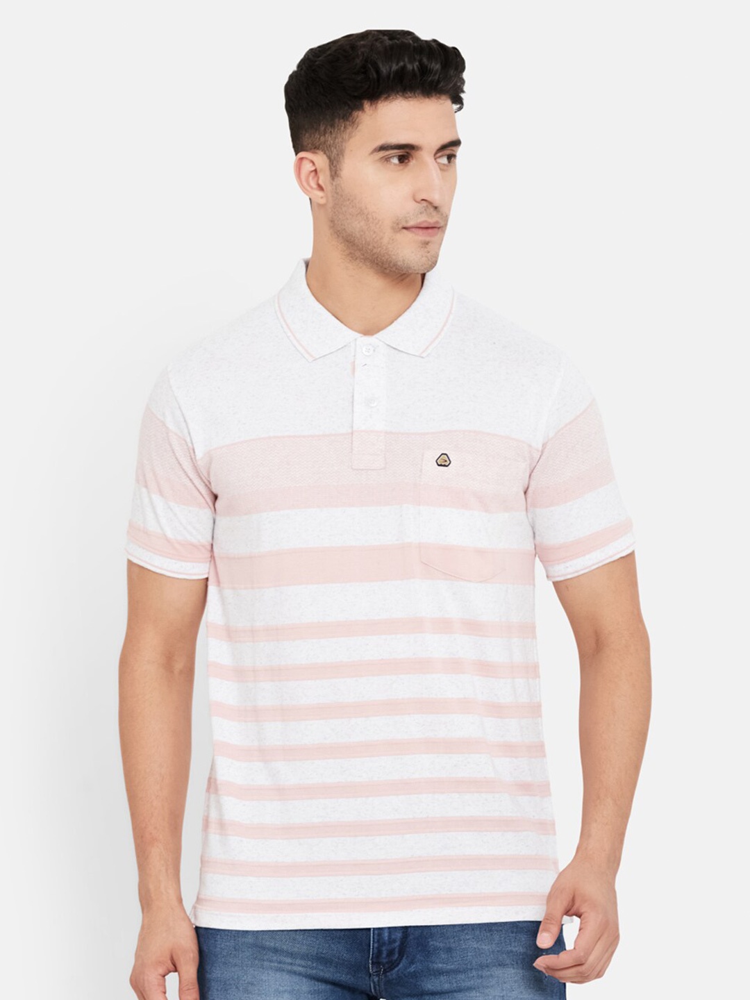 

Duke Men White & Pink Striped Polo Collar Extended Sleeves T-shirt