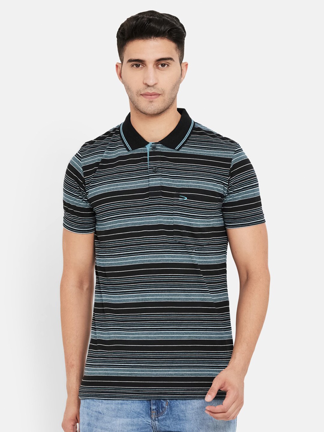 

Duke Men Black Striped Polo Collar T-shirt