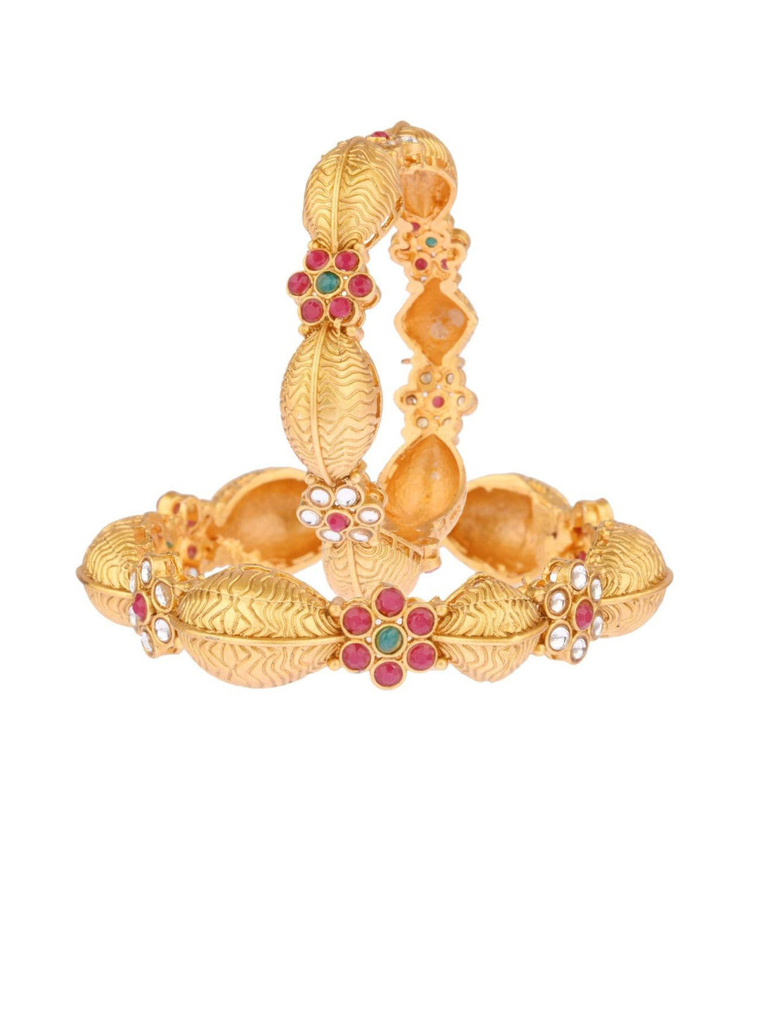 

Efulgenz Set Of 2 Red & Gold-Toned Floral Stone-Studded Bangles