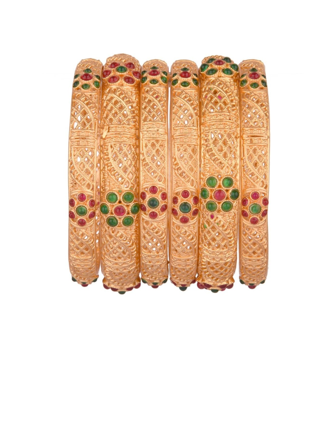 

Efulgenz Set Of 6 Gold-Toned & Red Crystal Studded Bangle