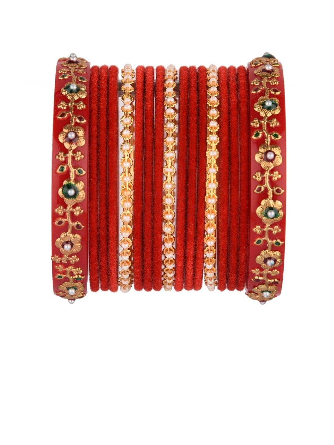 

Efulgenz Women,Girls & Ladies. Set Of 17 Red & Gold Embellished Bangles